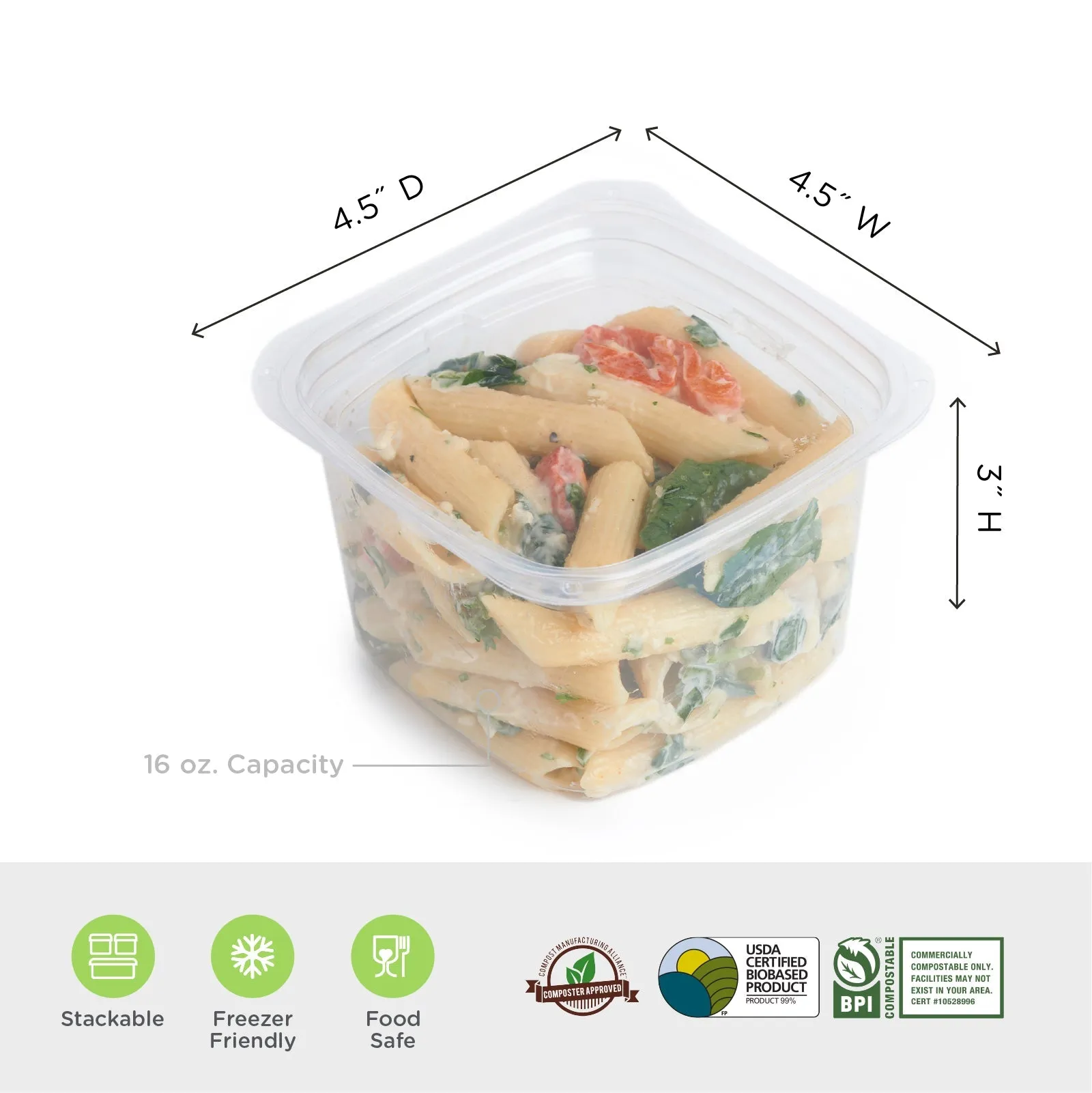 16 oz. Deli Container. Crystal Clear. PLA. 675/Case