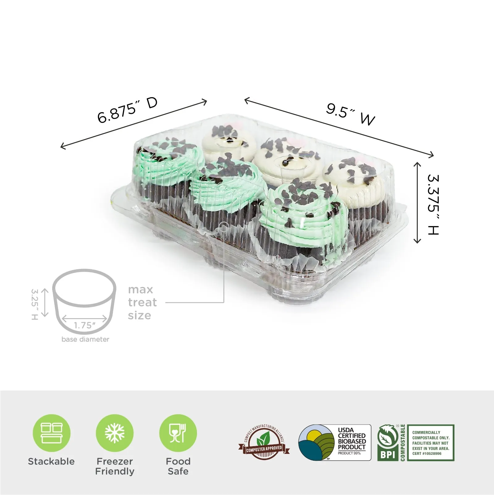 6-pack 3.25 Classic Cupcake & Muffin Package. Crystal Clear. PLA. 250/Case