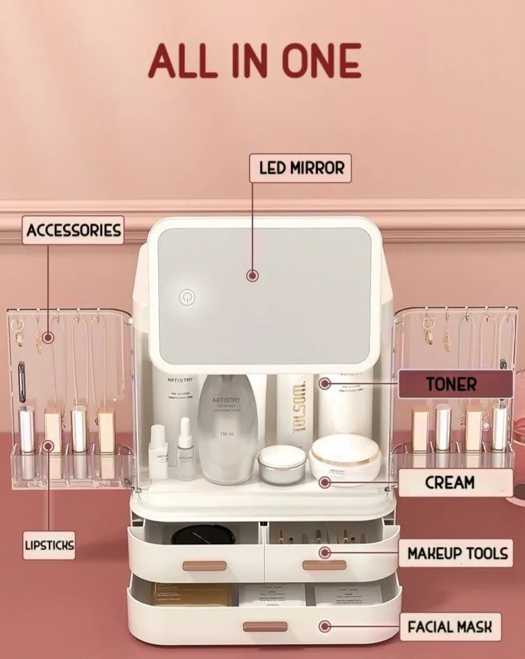 All-in-one Organizer with Led Mirror for Makeup Skincare & Accessories