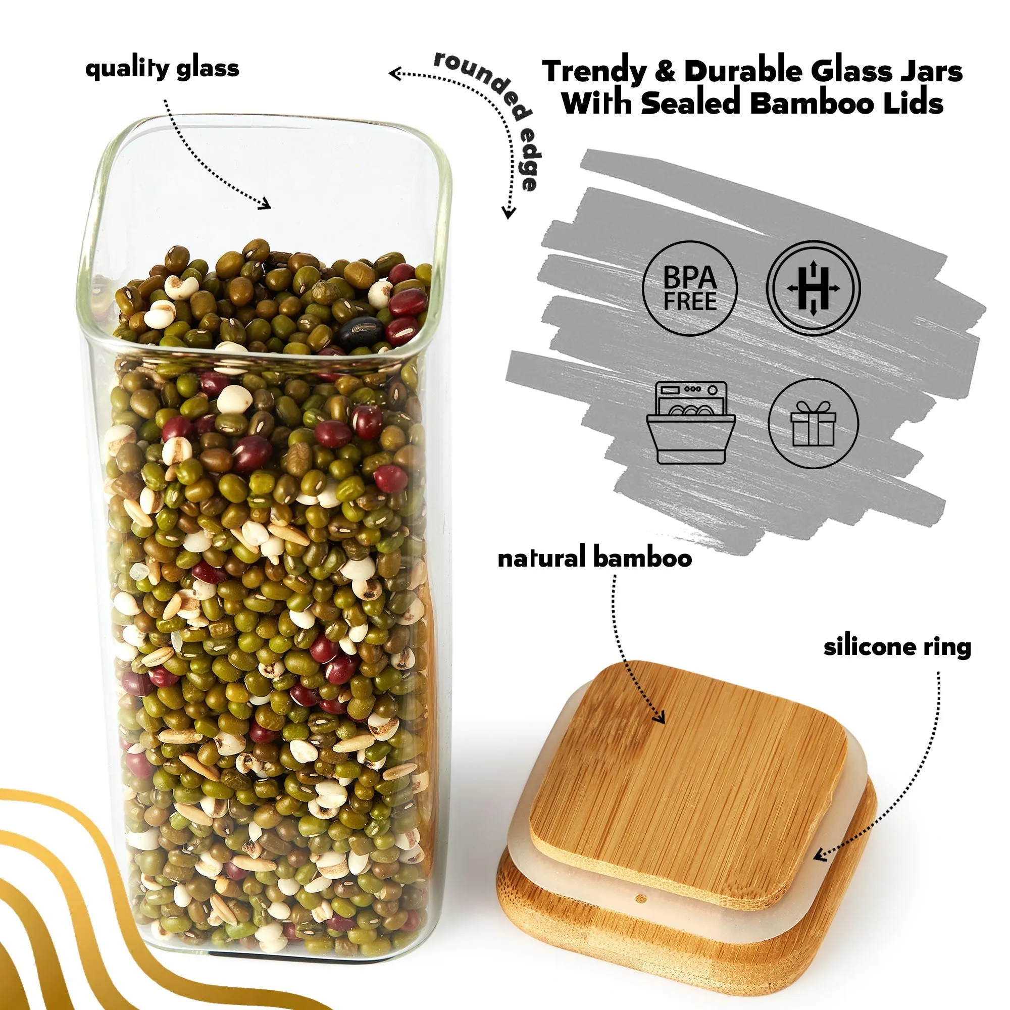 Berkware Glass Mini Storage Jars with Bamboo Lids and Display Stand - For Coffee. Sugar. Candy etc.