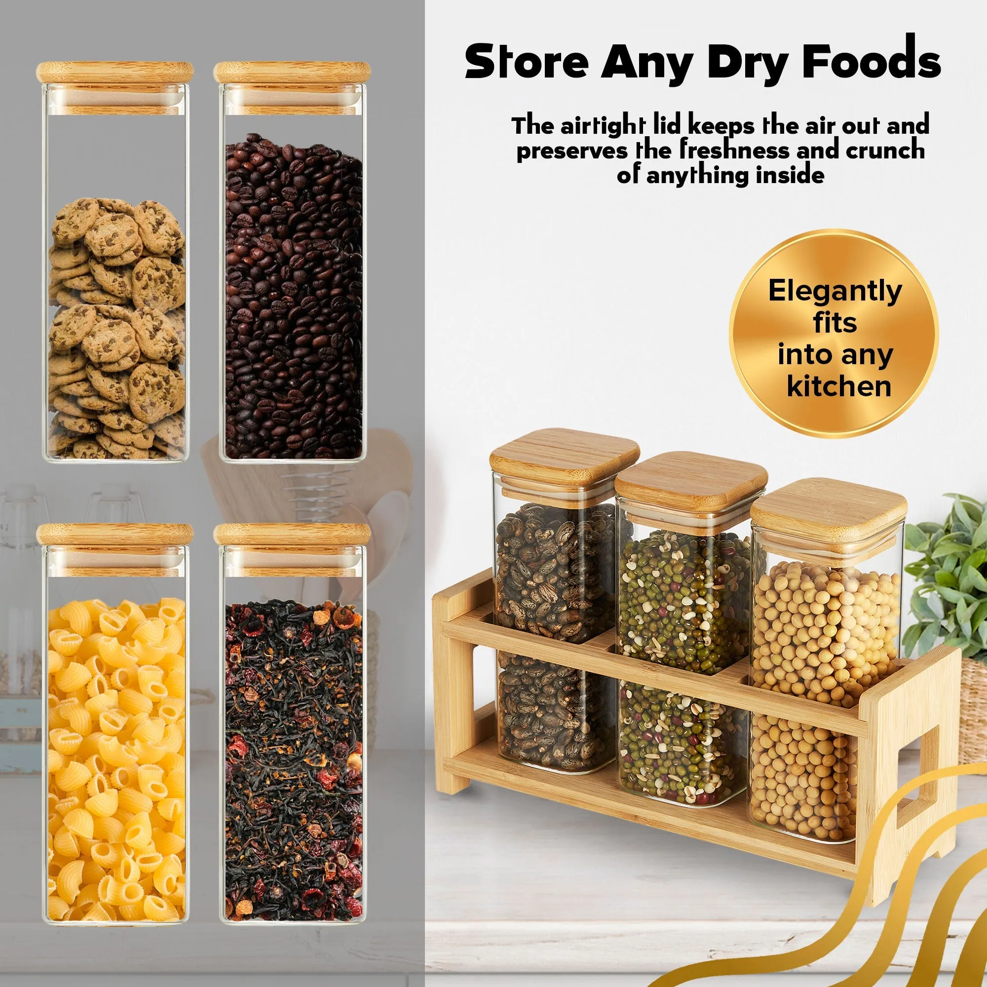 Berkware Glass Mini Storage Jars with Bamboo Lids and Display Stand - For Coffee. Sugar. Candy etc.
