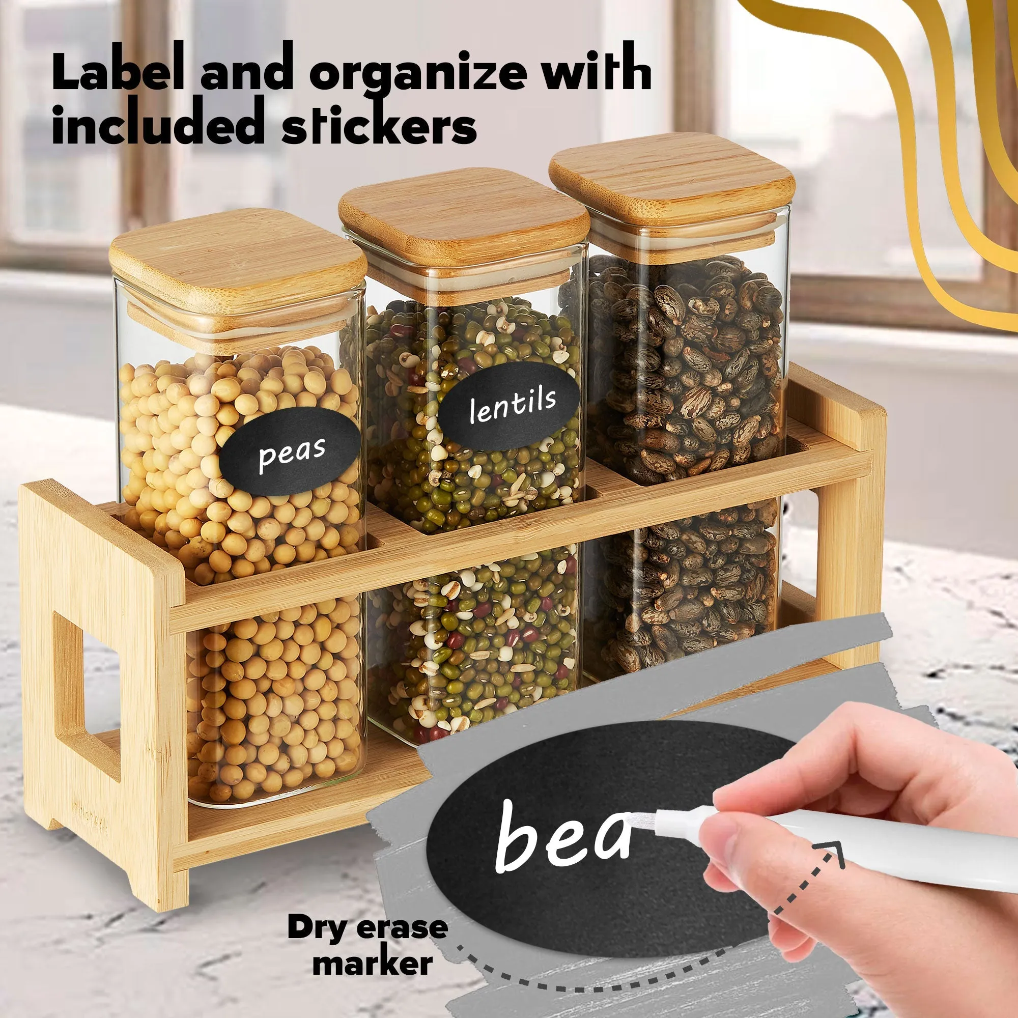 Berkware Glass Mini Storage Jars with Bamboo Lids and Display Stand - For Coffee. Sugar. Candy etc.