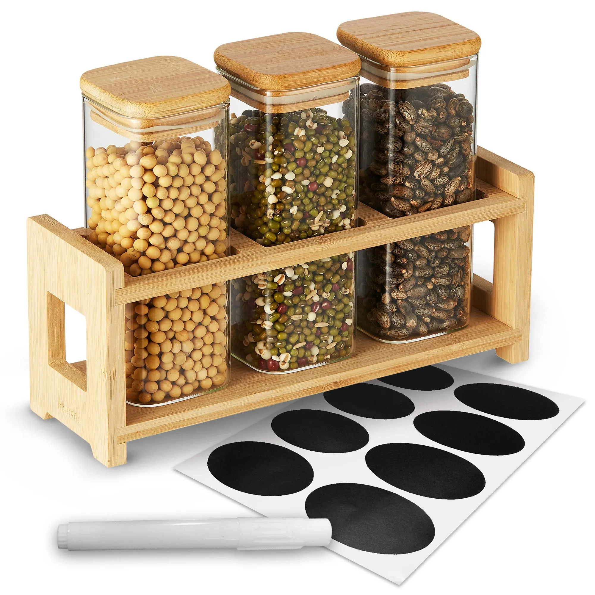 Berkware Glass Mini Storage Jars with Bamboo Lids and Display Stand - For Coffee. Sugar. Candy etc.