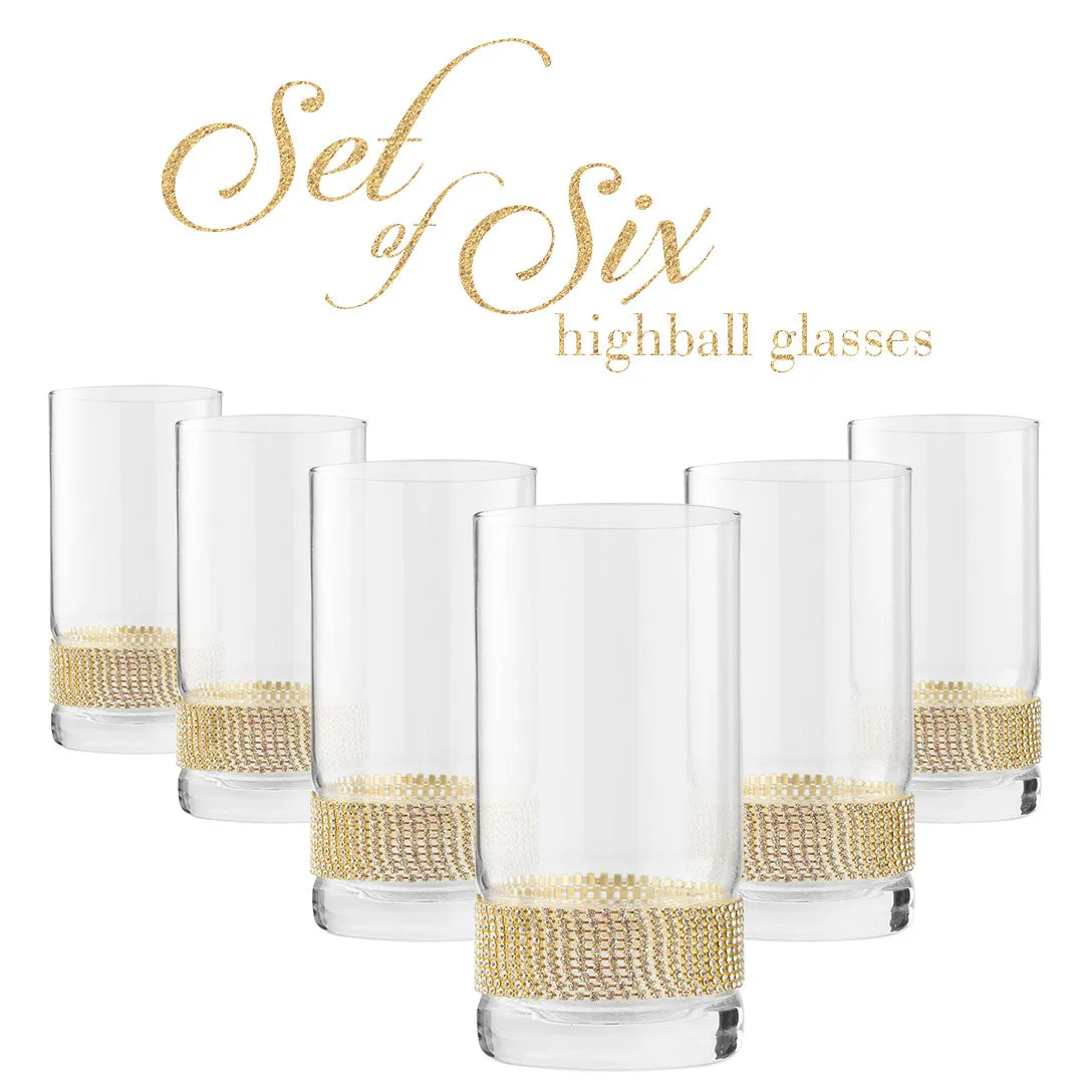 Berkware Luxurious Highball Cocktail Glasses - Sparkling Rhinestone Diamond Studded  Collins Glass - 16oz. Set of 6