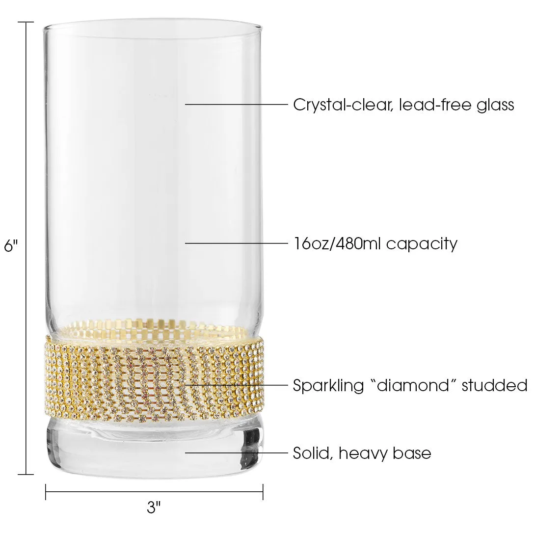 Berkware Luxurious Highball Cocktail Glasses - Sparkling Rhinestone Diamond Studded  Collins Glass - 16oz. Set of 6