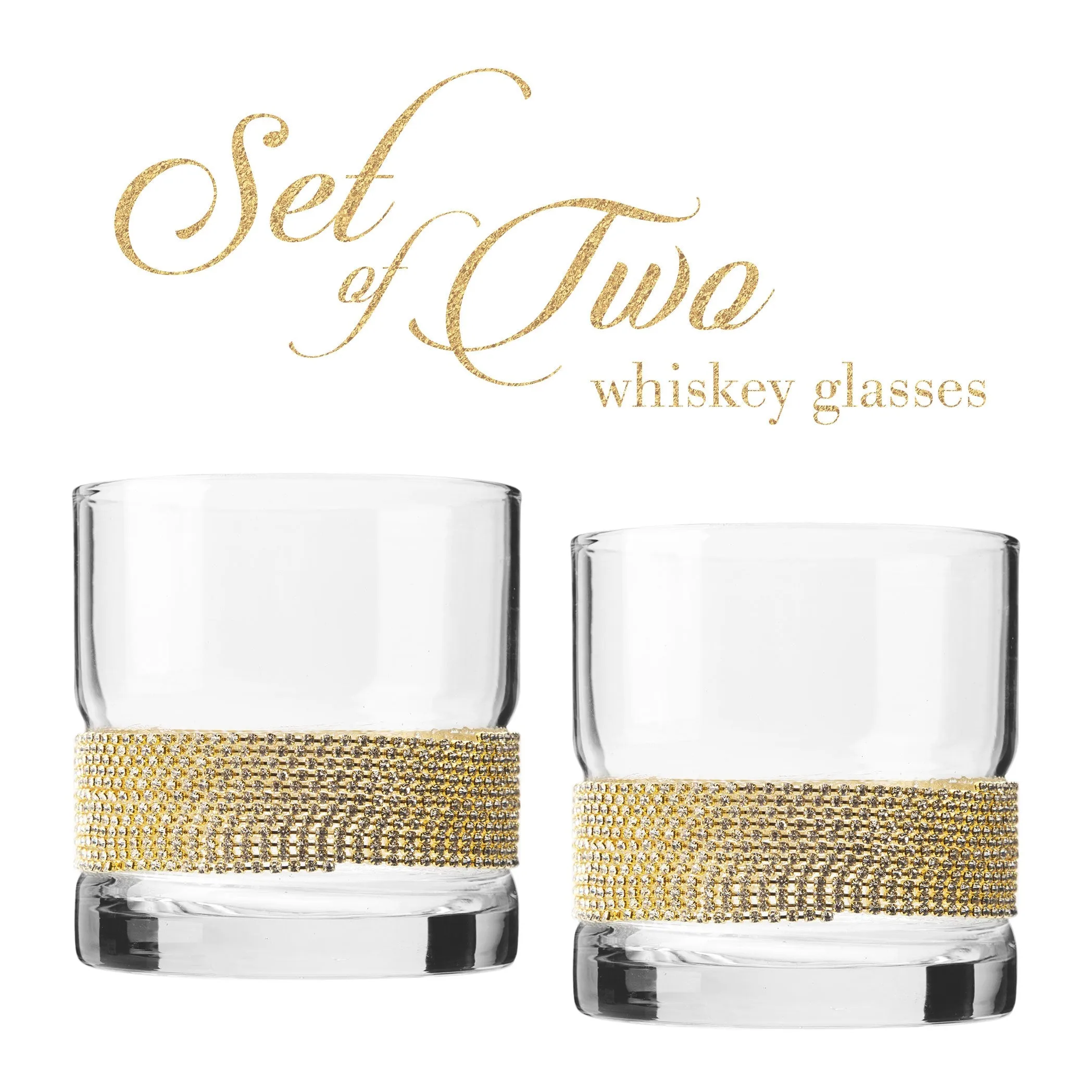 Berkware Set of 2 Elegant Old Fashioned Whiskey Glasses - 10oz Lowball Glasses with Sparkling Rhinestone Diamond Studded  Design