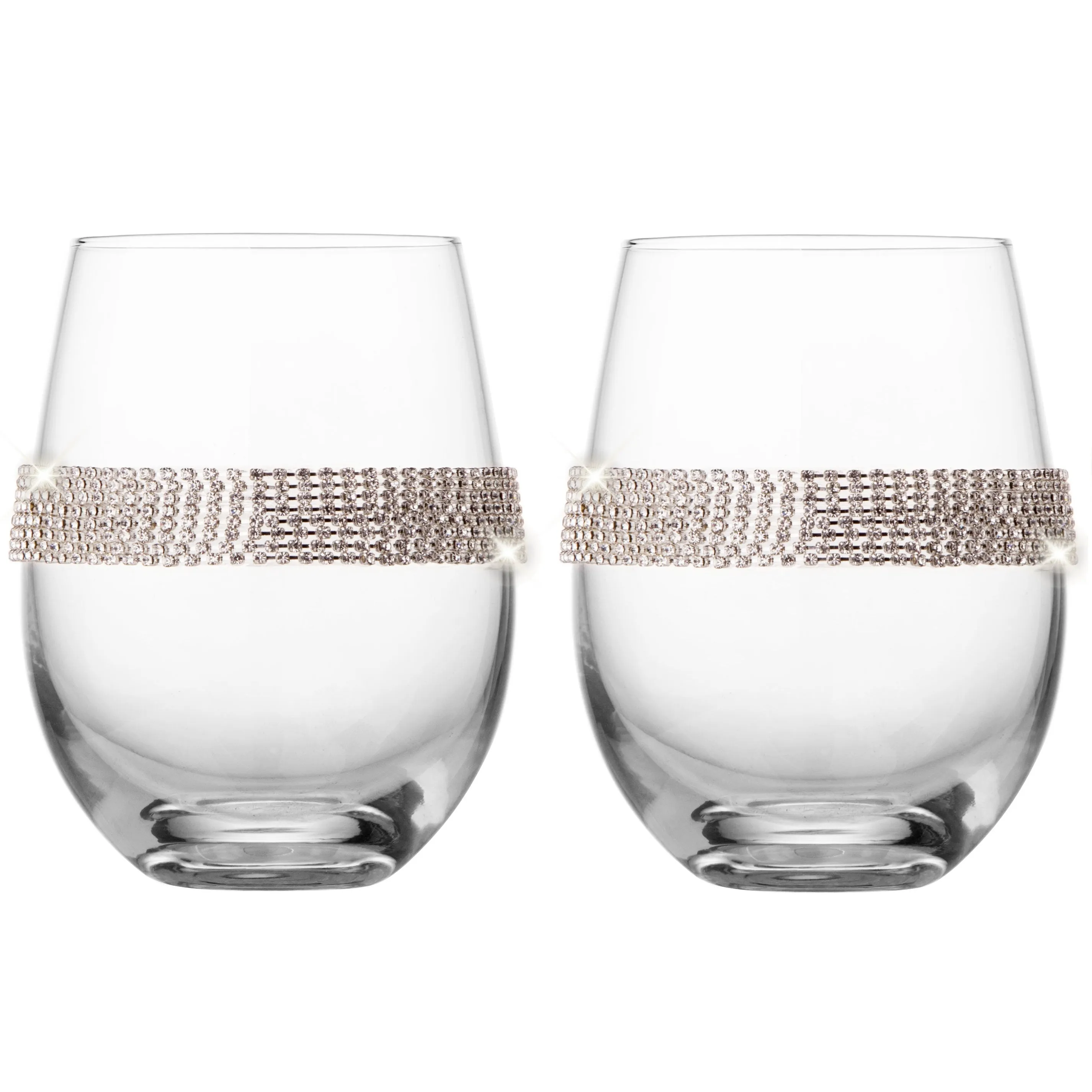 Berkware Set of 2 Stemless Wine Glasses - Luxury Wine Tumblers - Elegant Rhinestone Embellishments - 16oz. 5 tall Glassware Set - Two stemless red wine glasses for toasting