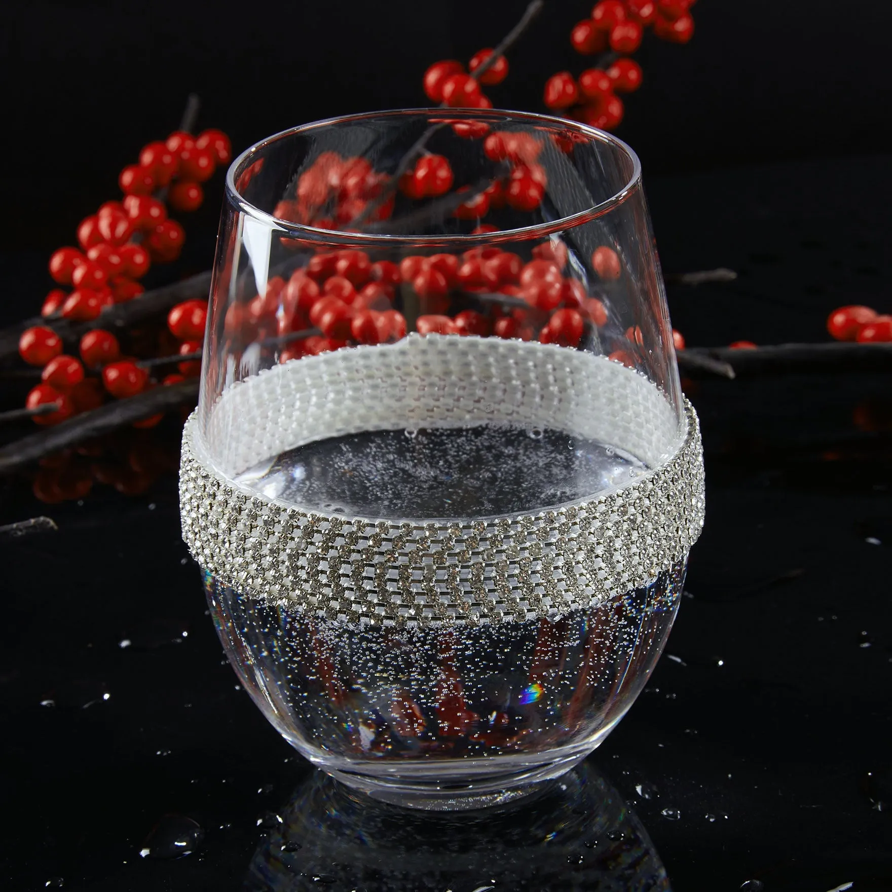 Berkware Set of 2 Stemless Wine Glasses - Luxury Wine Tumblers - Elegant Rhinestone Embellishments - 16oz. 5 tall Glassware Set - Two stemless red wine glasses for toasting