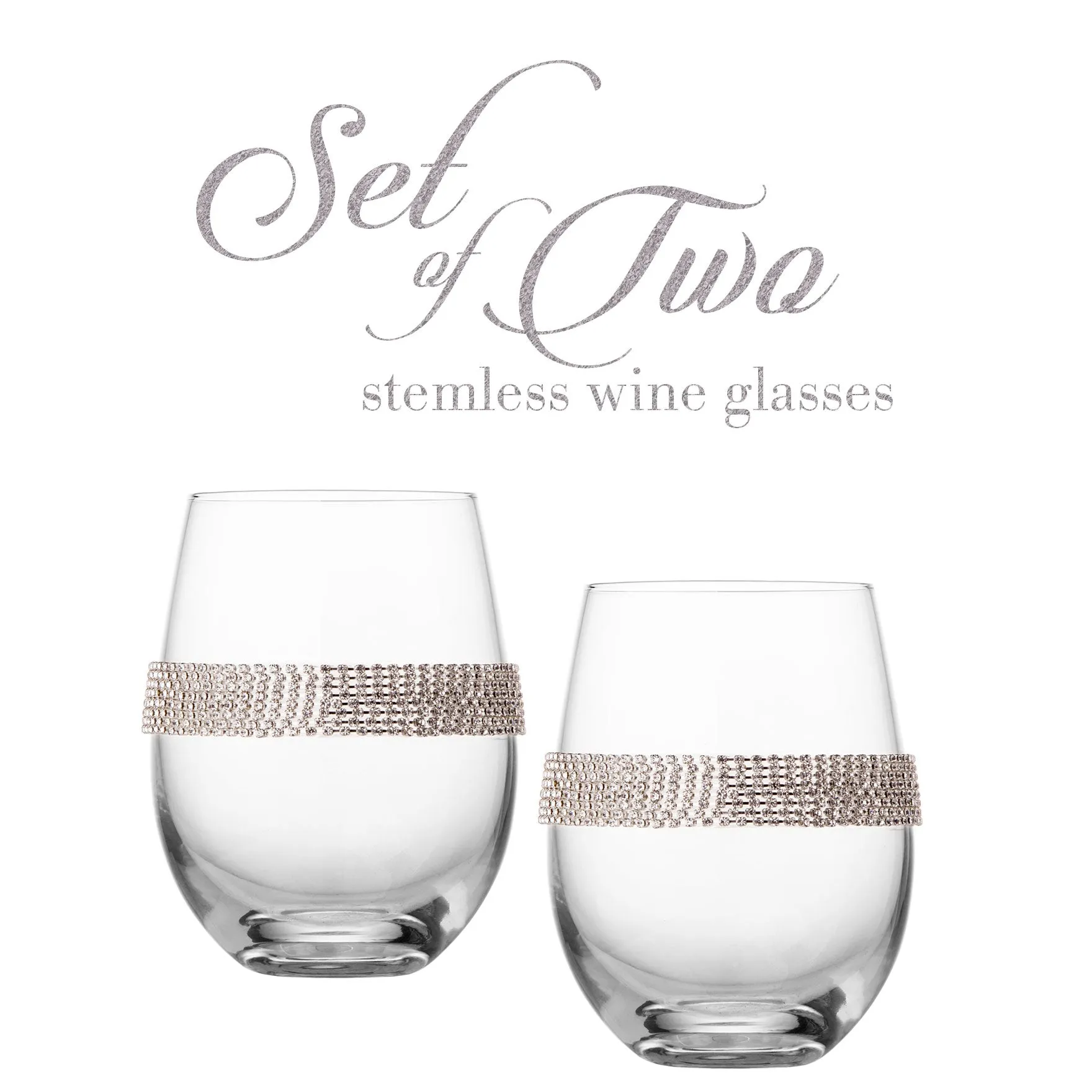 Berkware Set of 2 Stemless Wine Glasses - Luxury Wine Tumblers - Elegant Rhinestone Embellishments - 16oz. 5 tall Glassware Set - Two stemless red wine glasses for toasting
