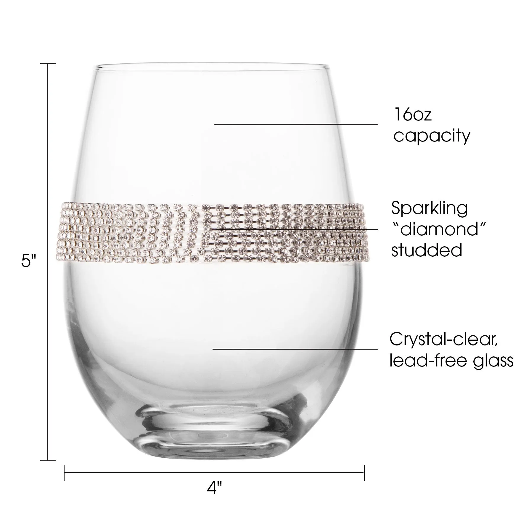 Berkware Set of 2 Stemless Wine Glasses - Luxury Wine Tumblers - Elegant Rhinestone Embellishments - 16oz. 5 tall Glassware Set - Two stemless red wine glasses for toasting