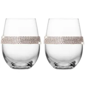 Berkware Set of 2 Stemless Wine Glasses - Luxury Wine Tumblers - Elegant Rhinestone Embellishments - 16oz. 5 tall Glassware Set - Two stemless red wine glasses for toasting