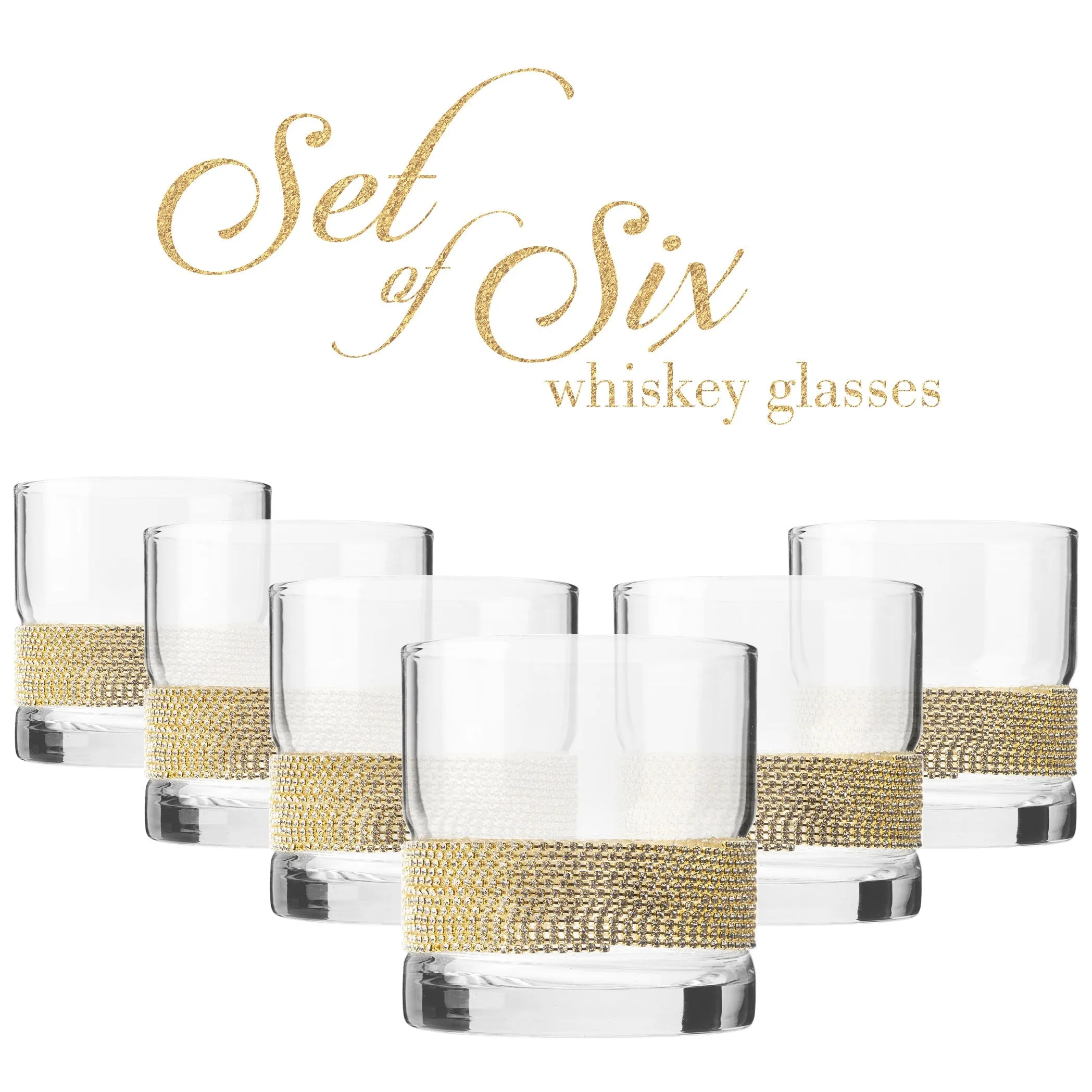Berkware Set of 6 Elegant Old Fashioned Whiskey Glasses - 10oz Lowball Glasses with Sparkling Rhinestone Diamond Studded  Design