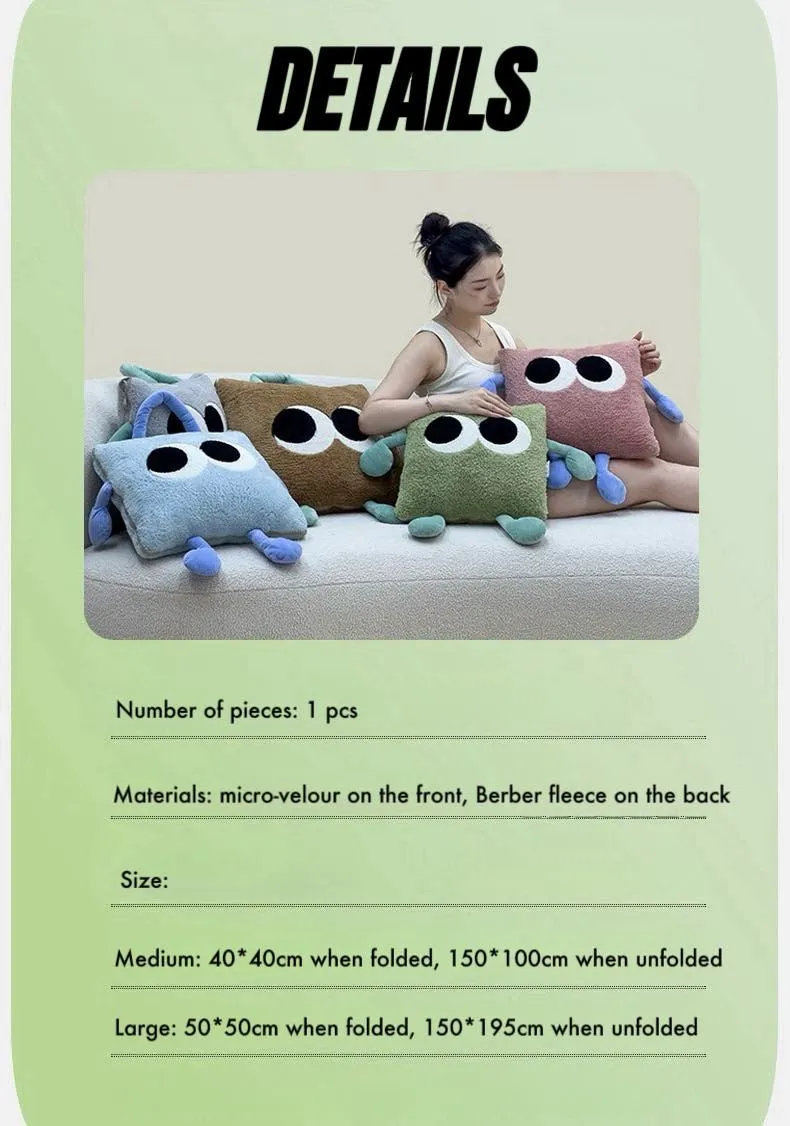 Big Eyes 2-in-1 Convertible Throw Pillow Blanket. Cute Whimsical Soft Cushion