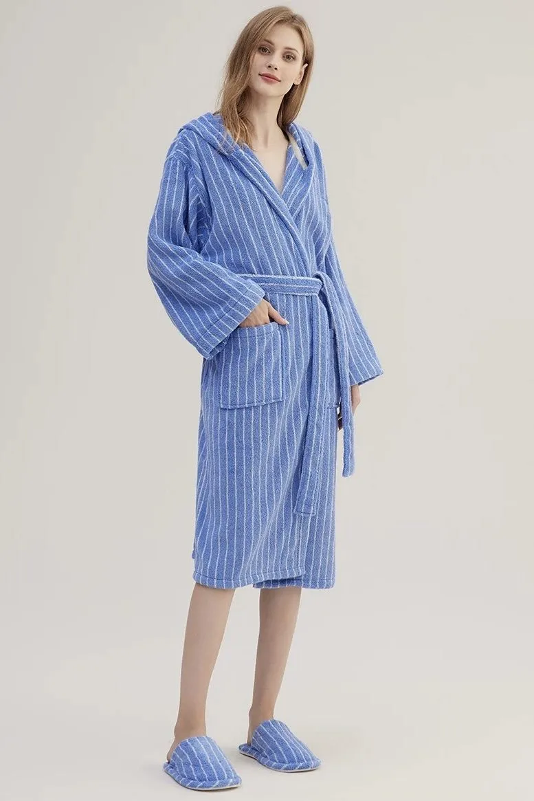 Blue Retro Hooded Stripe Bath Robe. 100% ORGANIC Long-stapled Cotton