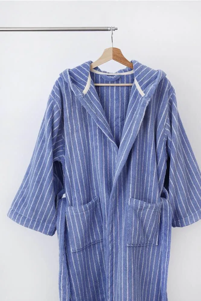 Blue Retro Hooded Stripe Bath Robe. 100% ORGANIC Long-stapled Cotton