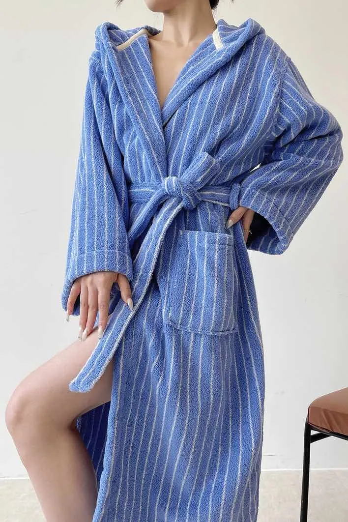 Blue Retro Hooded Stripe Bath Robe. 100% ORGANIC Long-stapled Cotton