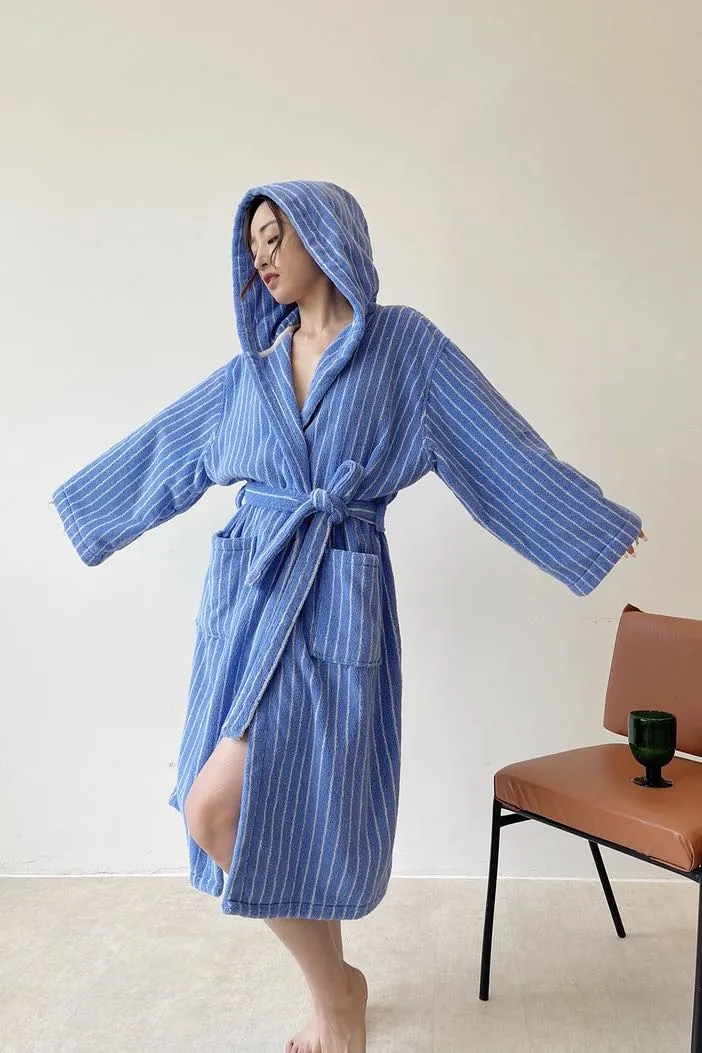 Blue Retro Hooded Stripe Bath Robe. 100% ORGANIC Long-stapled Cotton