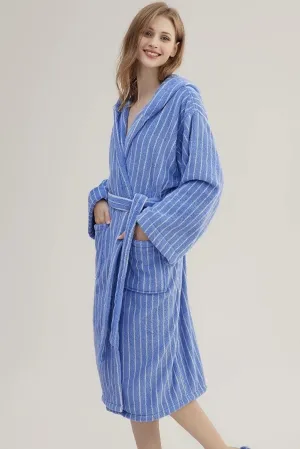 Blue Retro Hooded Stripe Bath Robe. 100% ORGANIC Long-stapled Cotton