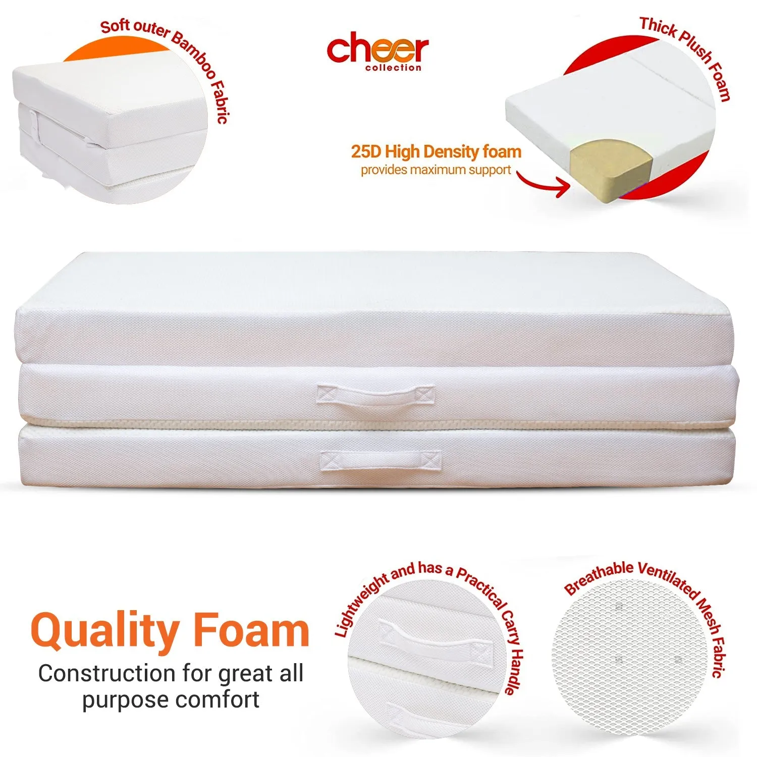 Cheer Collection 4 Folding Mattress. Tri-Fold Floor Mat for Compact Storage with Soft Bamboo Washable Cover- Foldable Sleeping Pad and Floor Mattress