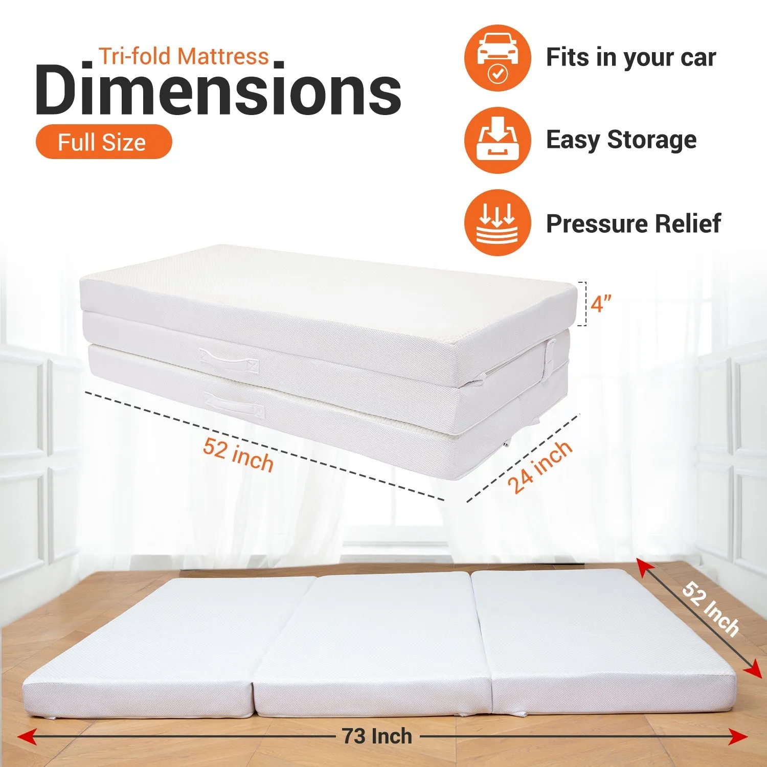 Cheer Collection 4 Folding Mattress. Tri-Fold Floor Mat for Compact Storage with Soft Bamboo Washable Cover- Foldable Sleeping Pad and Floor Mattress