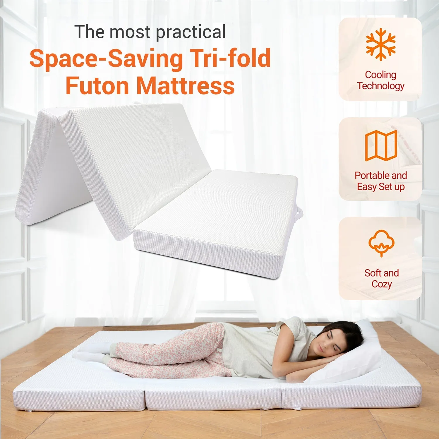 Cheer Collection 4 Folding Mattress. Tri-Fold Floor Mat for Compact Storage with Soft Bamboo Washable Cover- Foldable Sleeping Pad and Floor Mattress