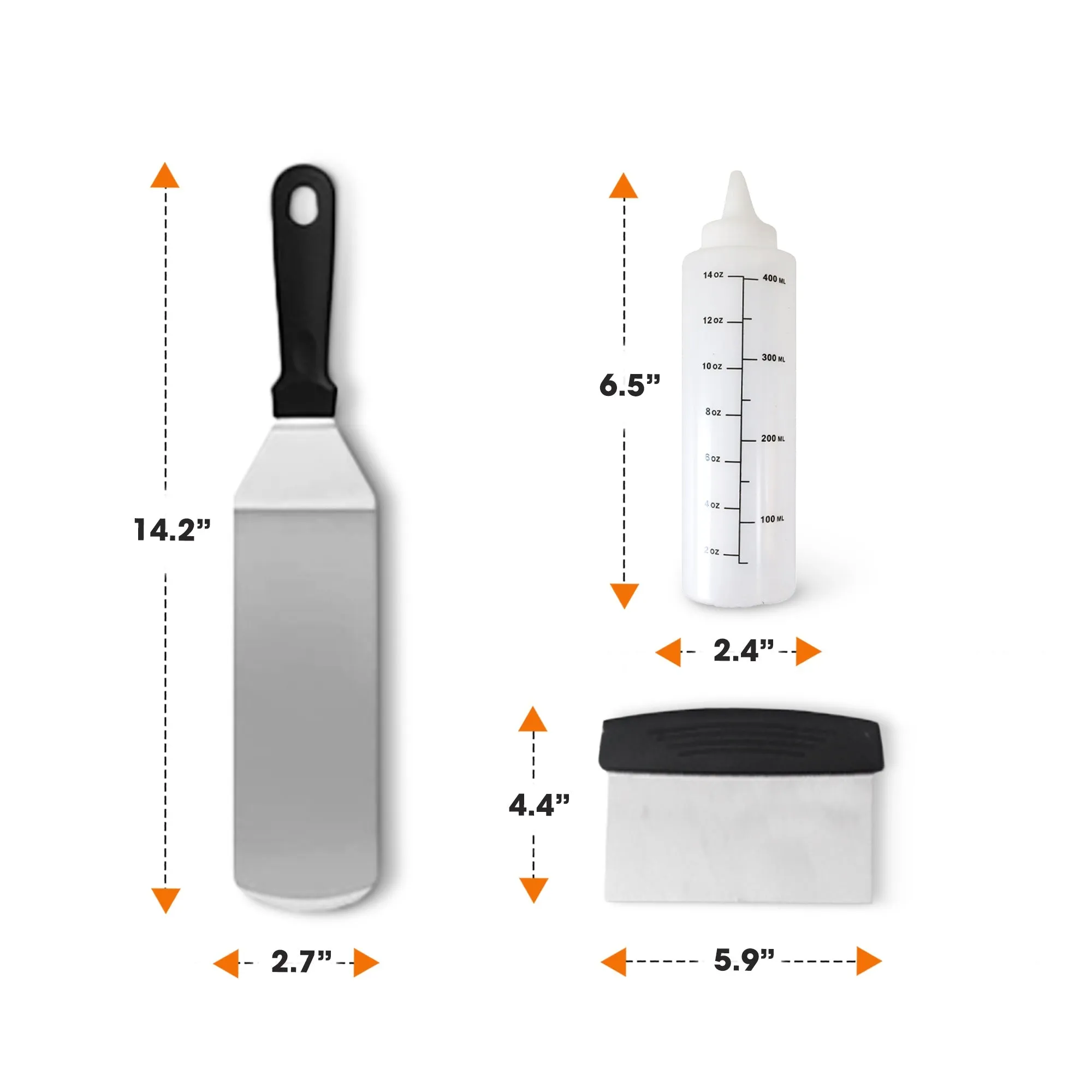 Cheer Collection 5-Piece Stainless Steel Griddle Set  Spatulas. Scraper. and Squeeze Bottles for BBQ. Grill. and Kitchen Cooking