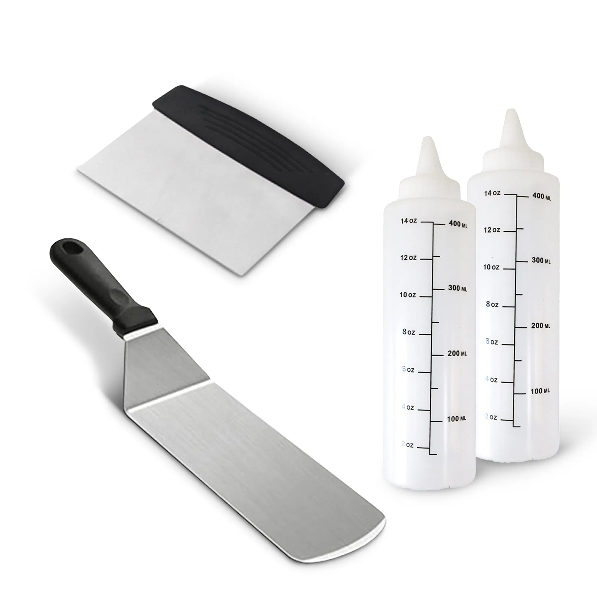 Cheer Collection 5-Piece Stainless Steel Griddle Set  Spatulas. Scraper. and Squeeze Bottles for BBQ. Grill. and Kitchen Cooking