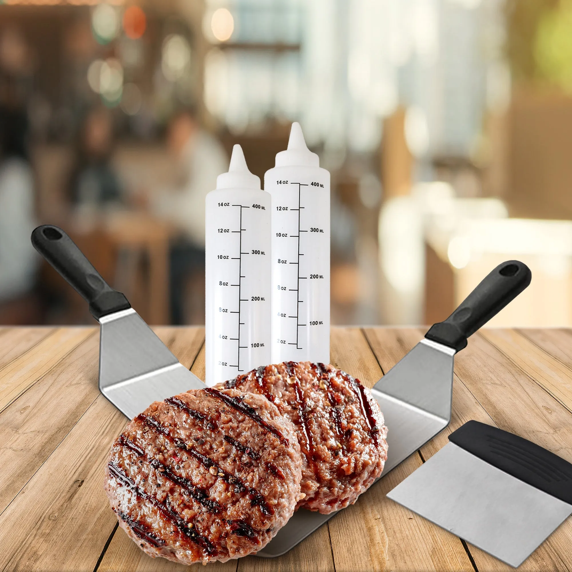 Cheer Collection 5-Piece Stainless Steel Griddle Set  Spatulas. Scraper. and Squeeze Bottles for BBQ. Grill. and Kitchen Cooking
