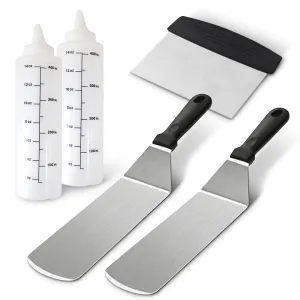 Cheer Collection 5-Piece Stainless Steel Griddle Set  Spatulas. Scraper. and Squeeze Bottles for BBQ. Grill. and Kitchen Cooking