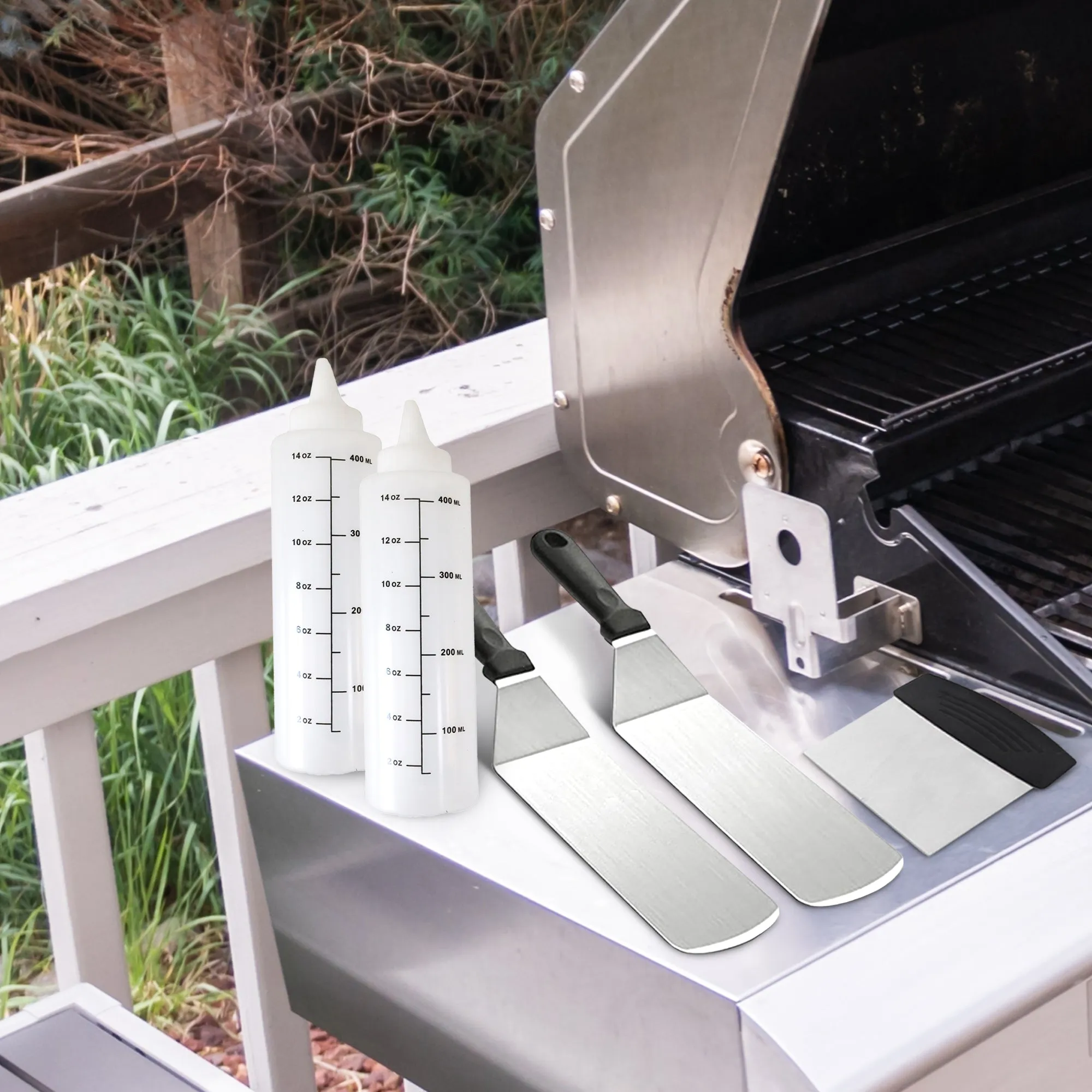 Cheer Collection 5-Piece Stainless Steel Griddle Set  Spatulas. Scraper. and Squeeze Bottles for BBQ. Grill. and Kitchen Cooking
