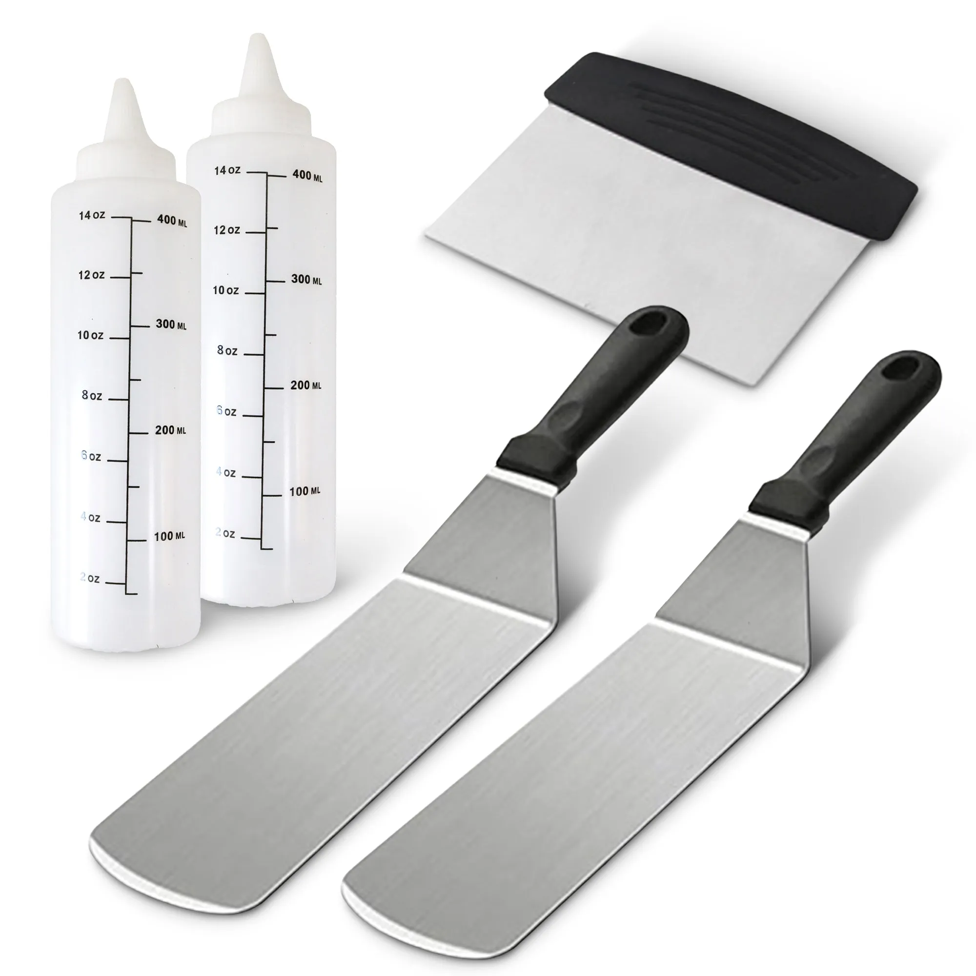 Cheer Collection 5-Piece Stainless Steel Griddle Set  Spatulas. Scraper. and Squeeze Bottles for BBQ. Grill. and Kitchen Cooking