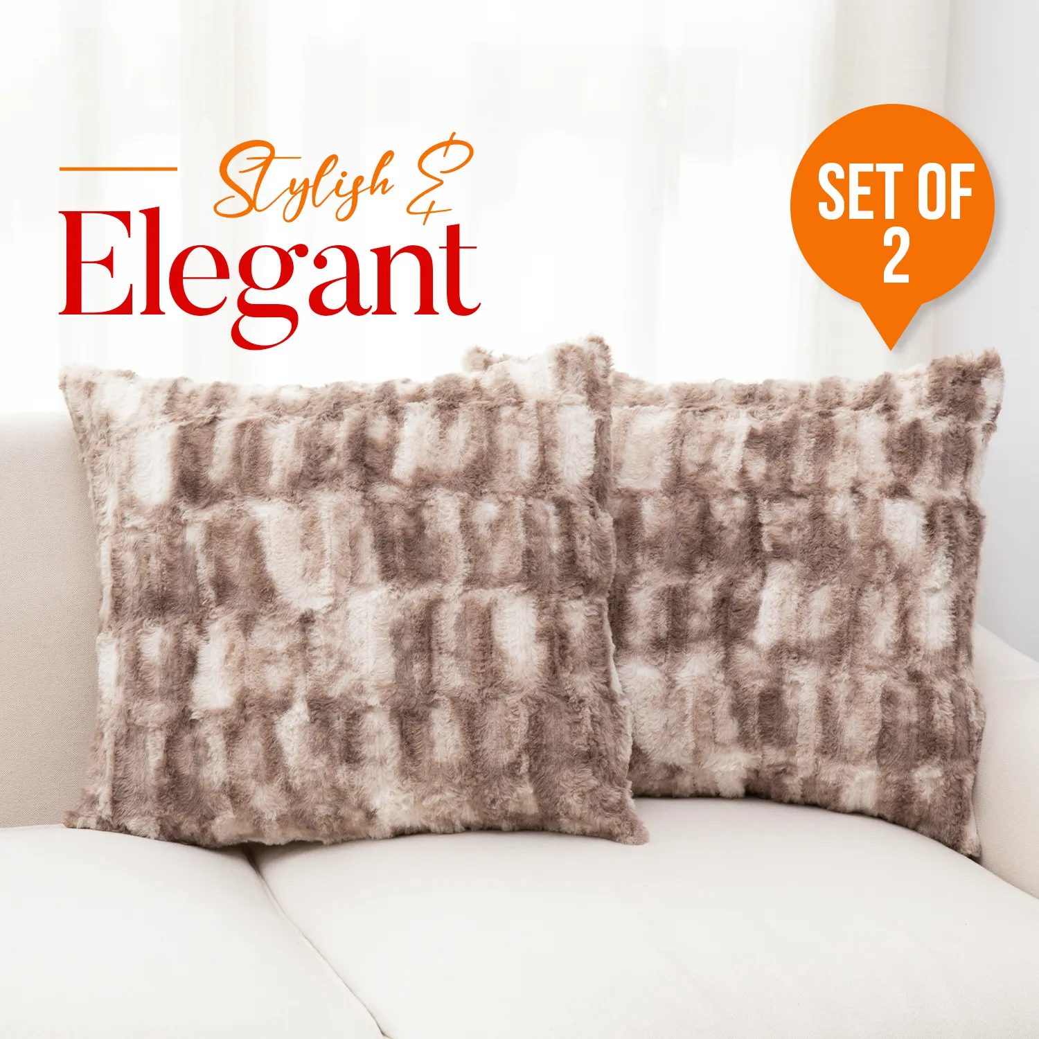 Cheer Collection Decorative Faux Fur Throw Pillow with Inserts  Luxuriously Soft Bamboo Design Accent Pillows  18 x 18 - Set of 2