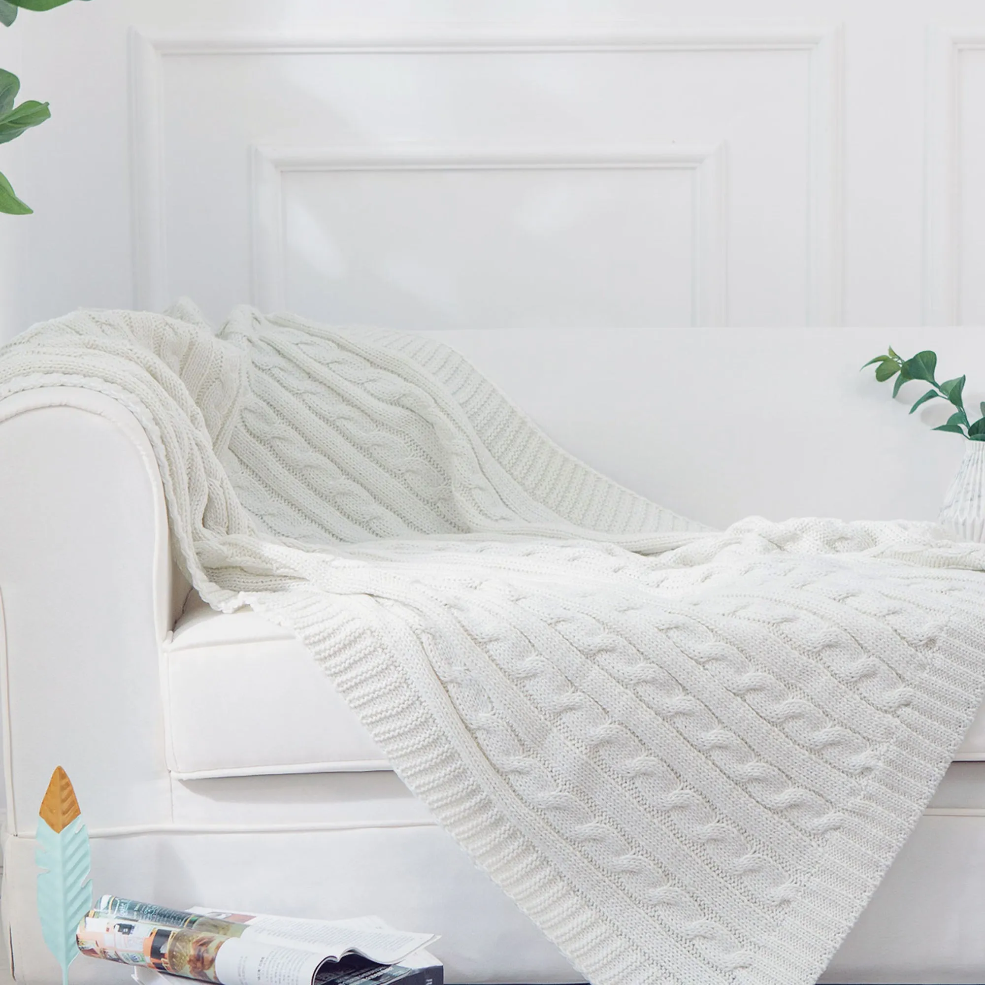 Cheer Collection Knitted Throw Blanket. Soft Cable Knit 100% Acrylic Accent Throw - Ivory. 50 x 60