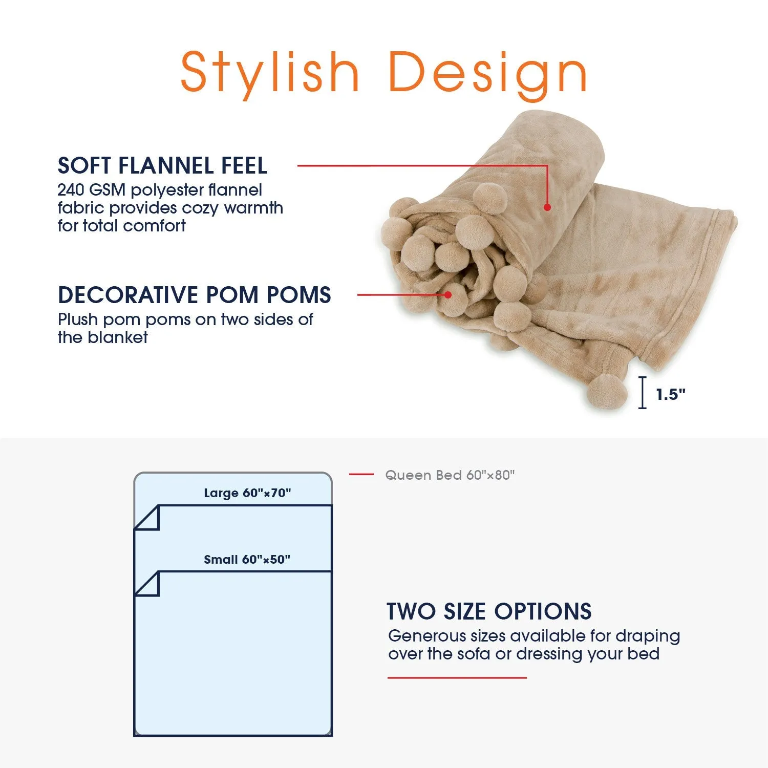 Cheer Collection Pom Pom Flannel Blanket | Ultra Soft on Skin. Lightweight Bed or Couch Throw Blanket with Pompoms