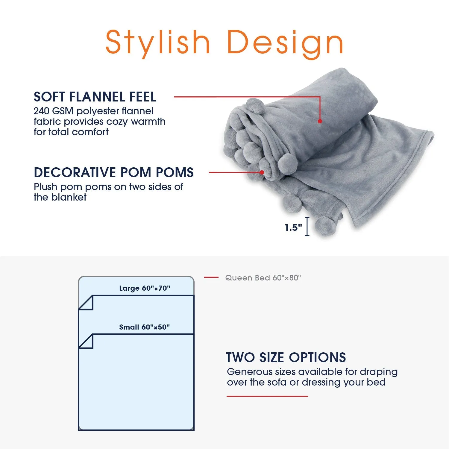 Cheer Collection Pom Pom Flannel Blanket | Ultra Soft on Skin. Lightweight Bed or Couch Throw Blanket with Pompoms
