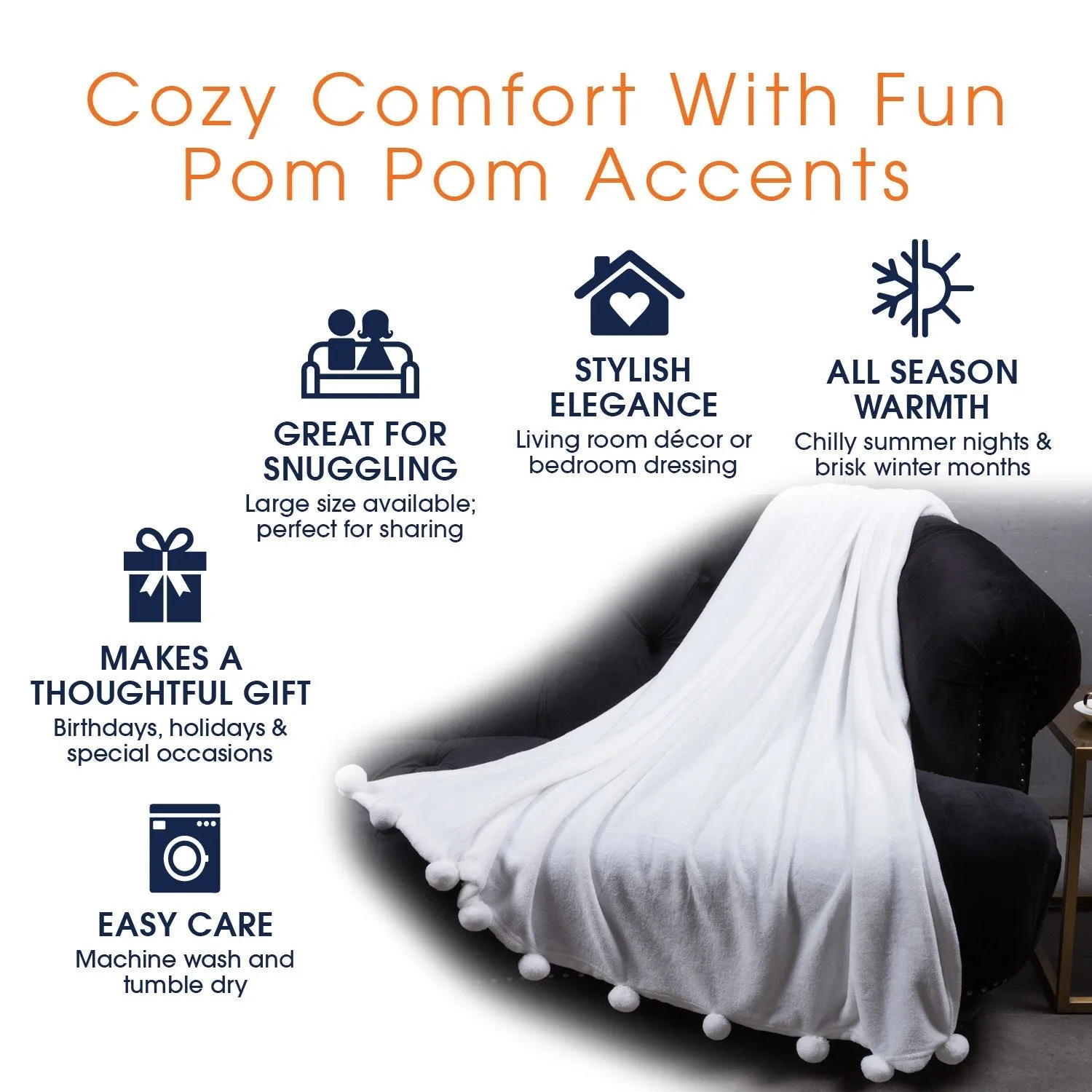 Cheer Collection Pom Pom Flannel Blanket | Ultra Soft on Skin. Lightweight Bed or Couch Throw Blanket with Pompoms