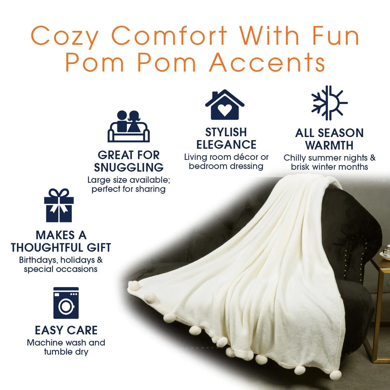 Cheer Collection Pom Pom Flannel Blanket | Ultra Soft on Skin. Lightweight Bed or Couch Throw Blanket with Pompoms