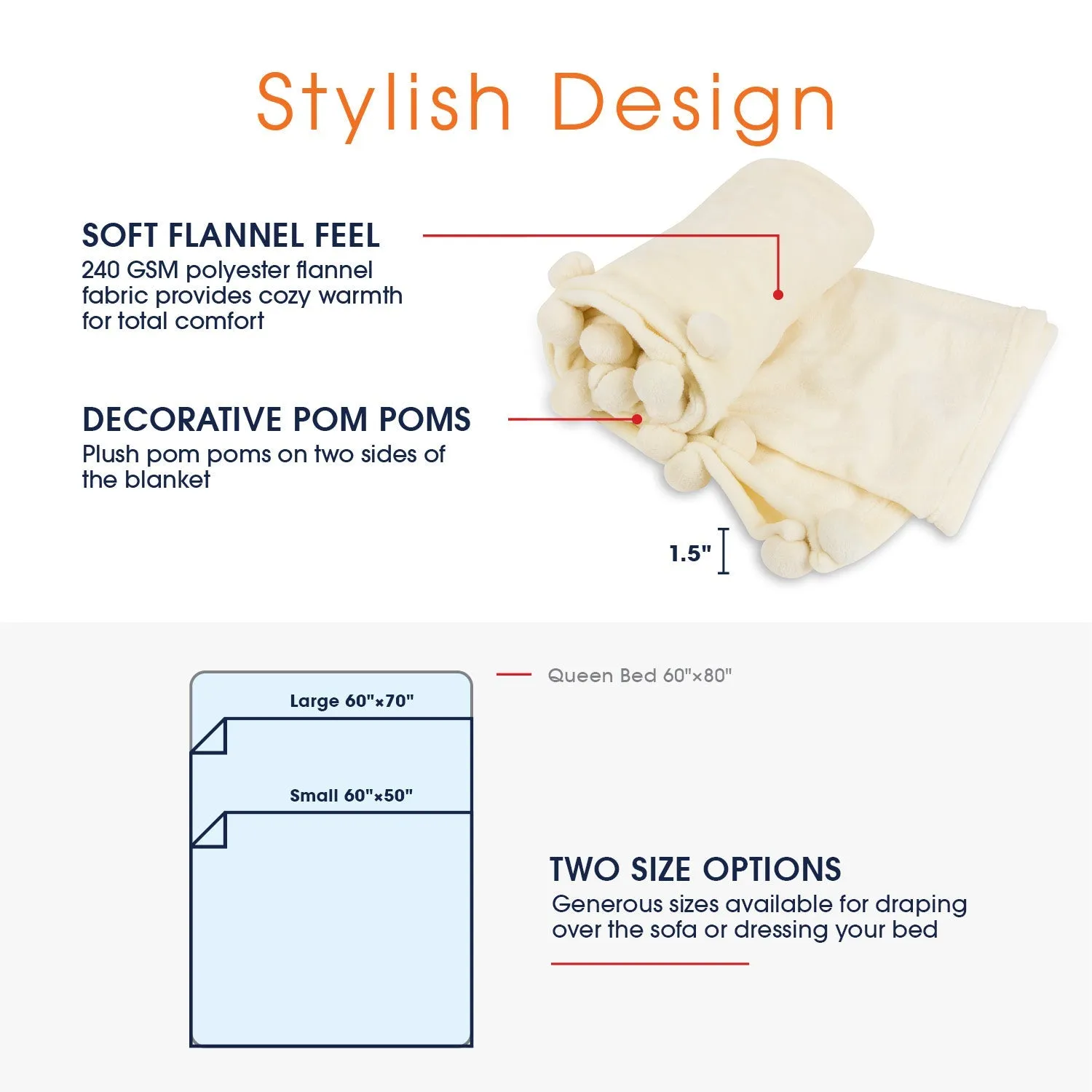 Cheer Collection Pom Pom Flannel Blanket | Ultra Soft on Skin. Lightweight Bed or Couch Throw Blanket with Pompoms
