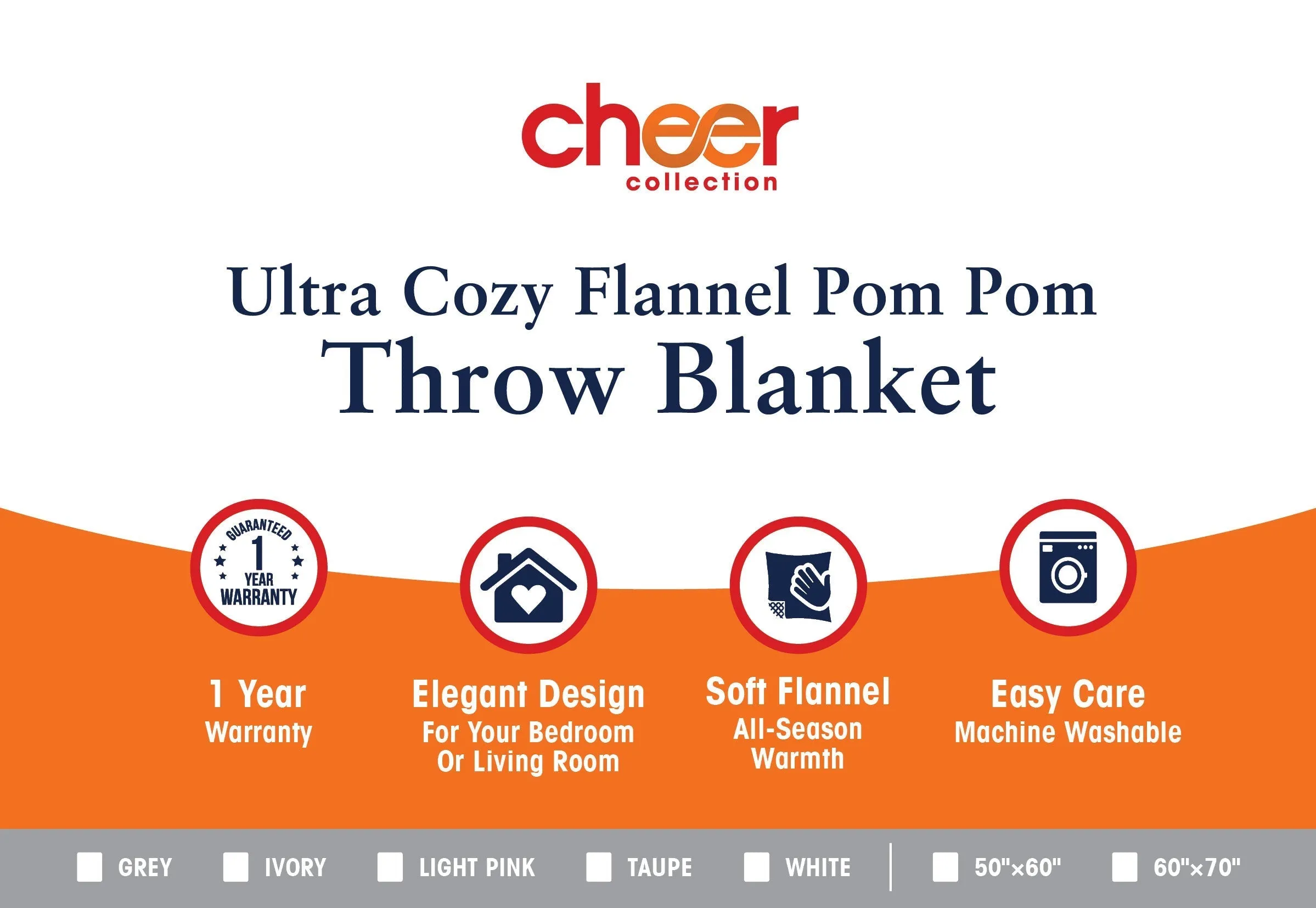 Cheer Collection Pom Pom Flannel Blanket | Ultra Soft on Skin. Lightweight Bed or Couch Throw Blanket with Pompoms