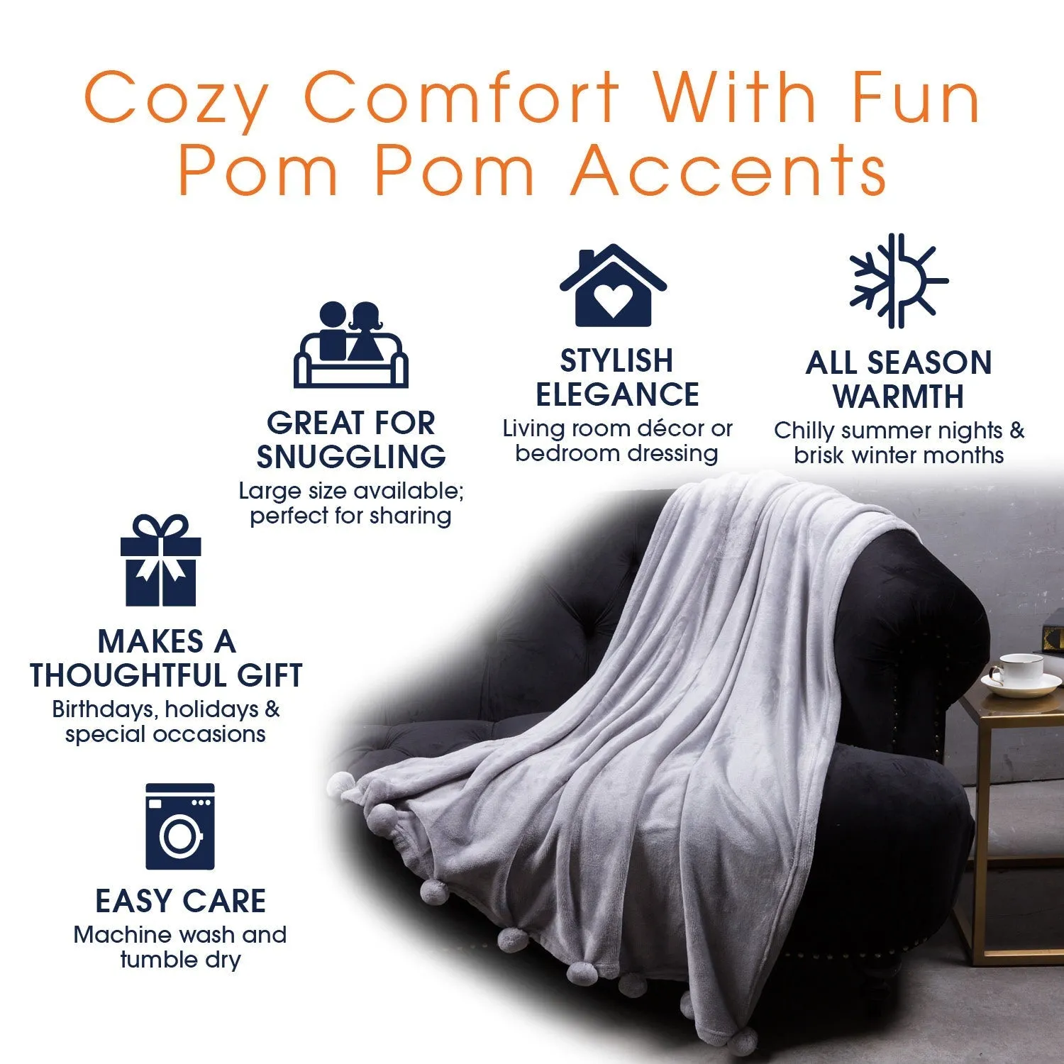 Cheer Collection Pom Pom Flannel Blanket | Ultra Soft on Skin. Lightweight Bed or Couch Throw Blanket with Pompoms