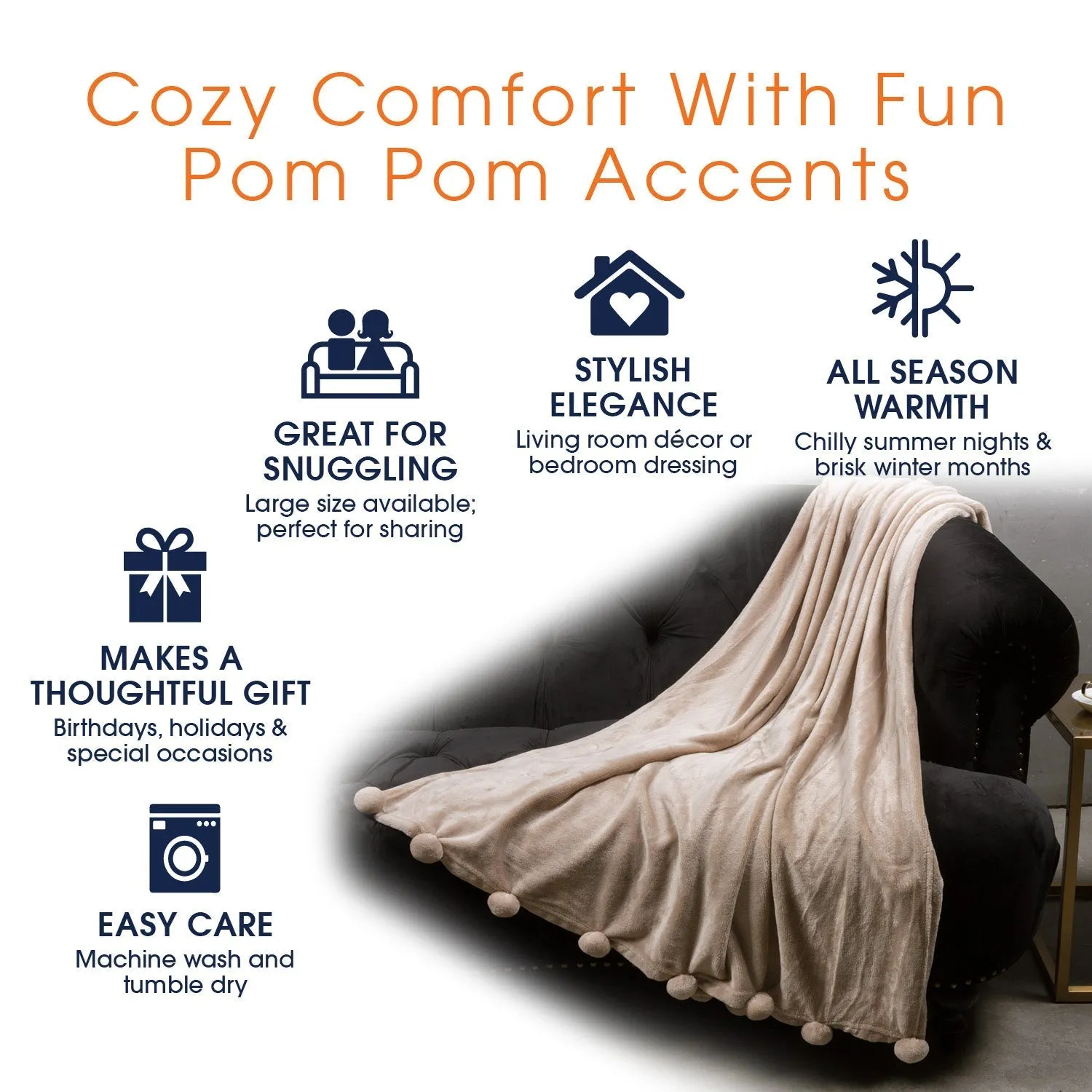 Cheer Collection Pom Pom Flannel Blanket | Ultra Soft on Skin. Lightweight Bed or Couch Throw Blanket with Pompoms