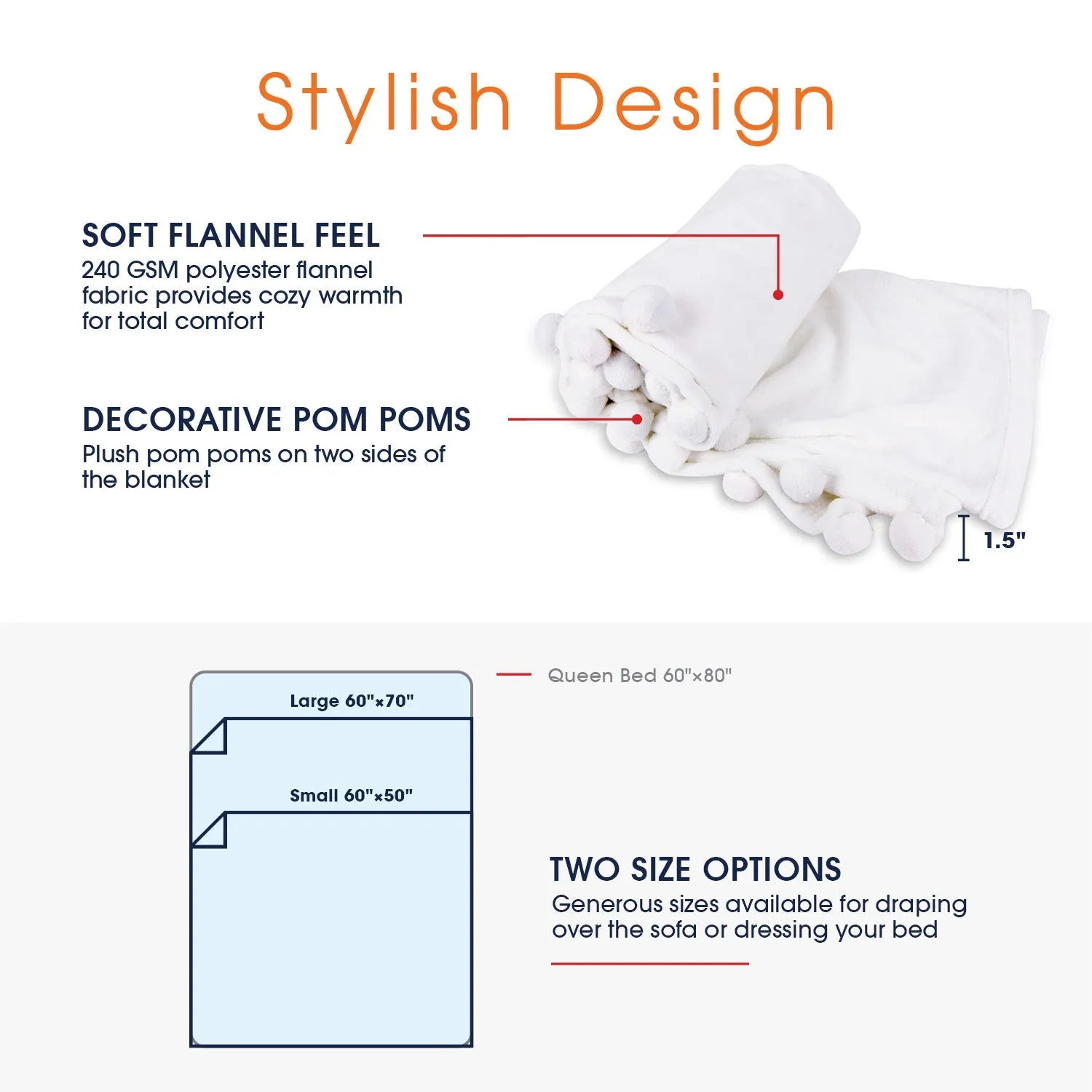 Cheer Collection Pom Pom Flannel Blanket | Ultra Soft on Skin. Lightweight Bed or Couch Throw Blanket with Pompoms