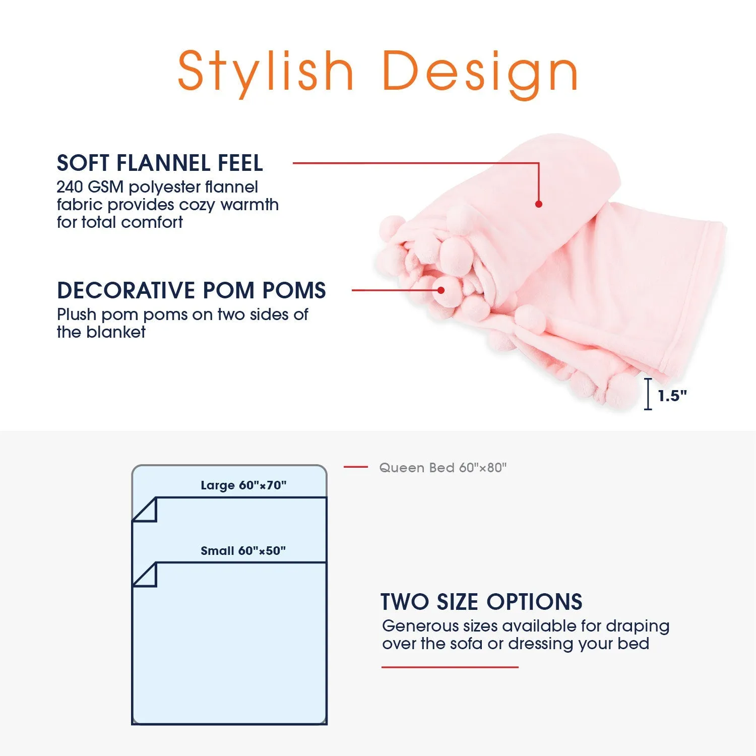 Cheer Collection Pom Pom Flannel Blanket | Ultra Soft on Skin. Lightweight Bed or Couch Throw Blanket with Pompoms