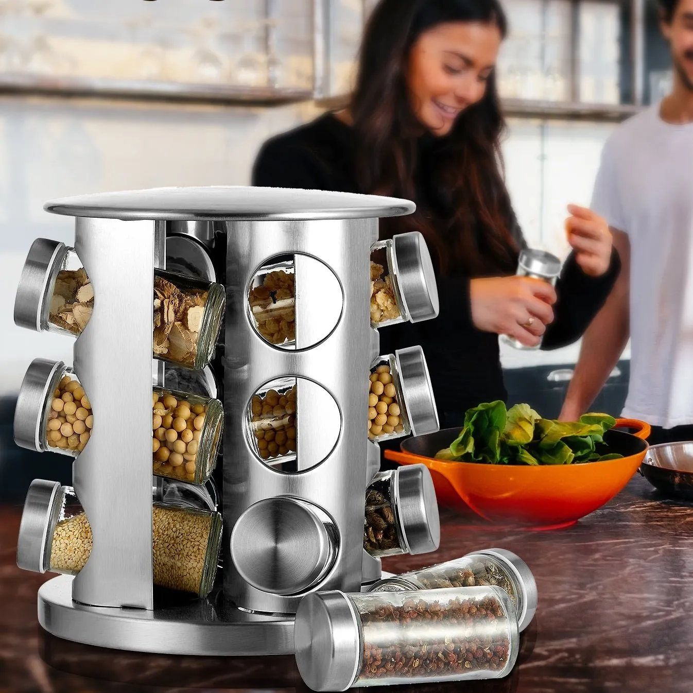 Cheer Collection Rotating Spice Rack for Countertop with 12 Jars. Stainless Steel Revolving Storage Organizer for Spices and Seasonings. plus Dry Erase Marker and 48 Reusable Labels