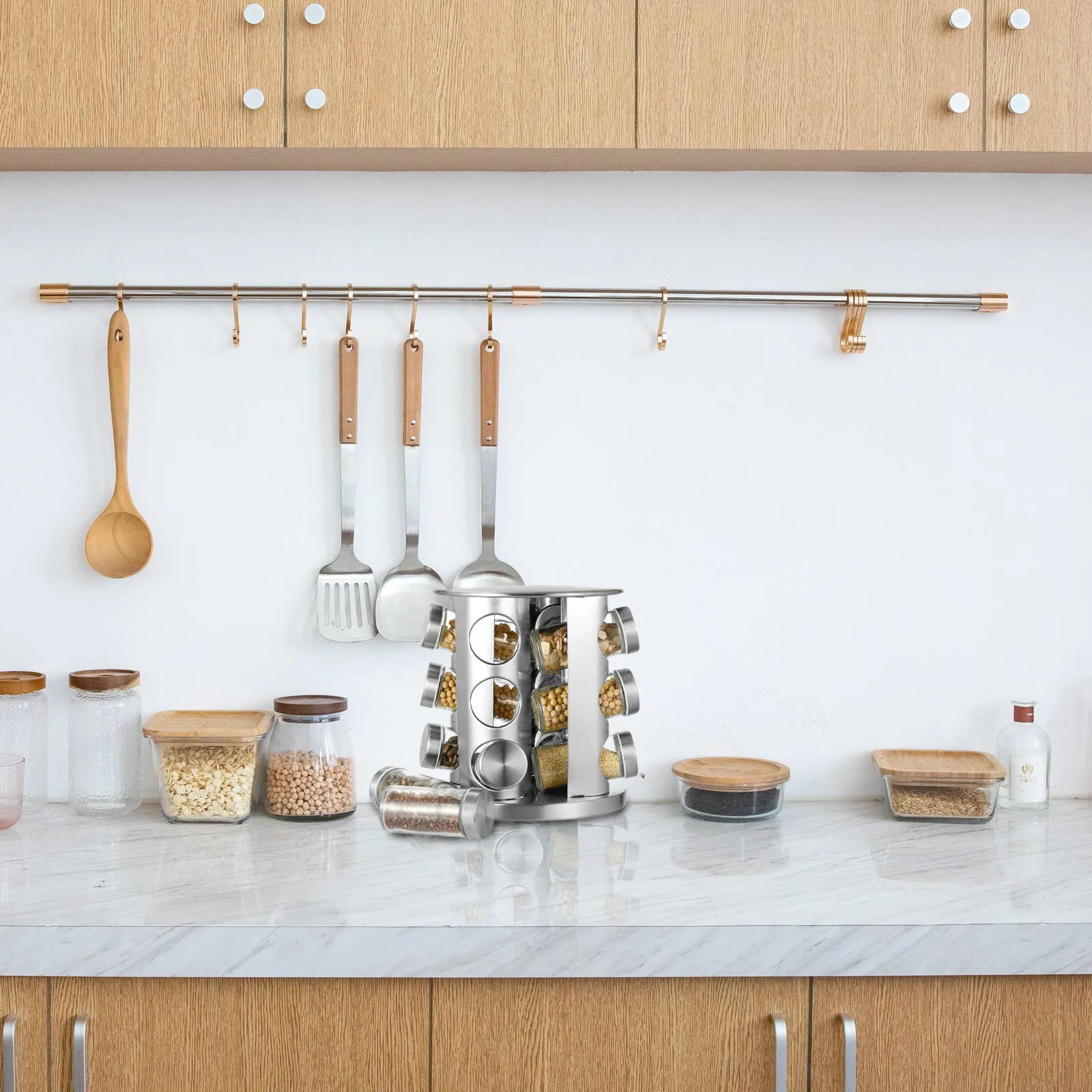 Cheer Collection Rotating Spice Rack for Countertop with 12 Jars. Stainless Steel Revolving Storage Organizer for Spices and Seasonings. plus Dry Erase Marker and 48 Reusable Labels