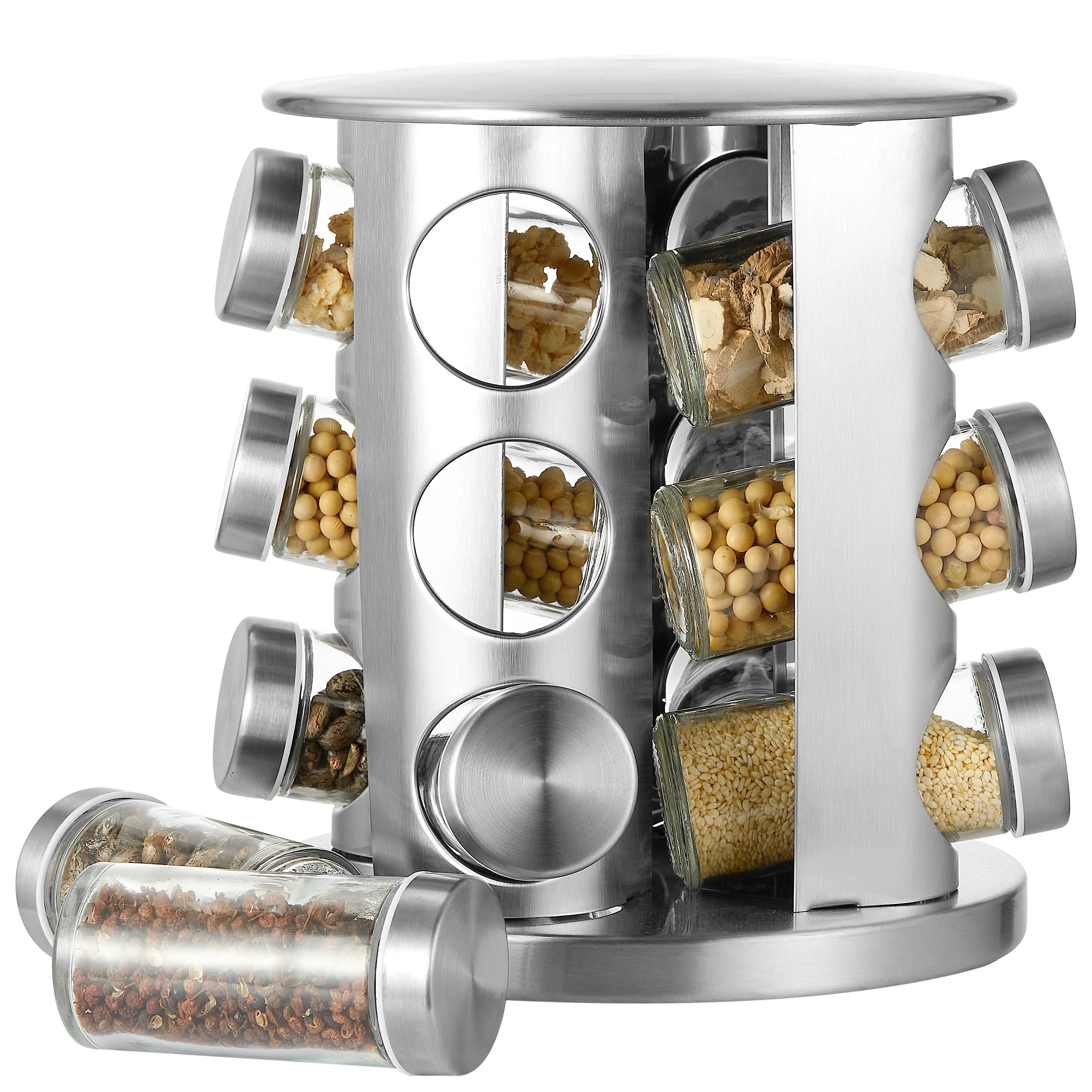 Cheer Collection Rotating Spice Rack for Countertop with 12 Jars. Stainless Steel Revolving Storage Organizer for Spices and Seasonings. plus Dry Erase Marker and 48 Reusable Labels