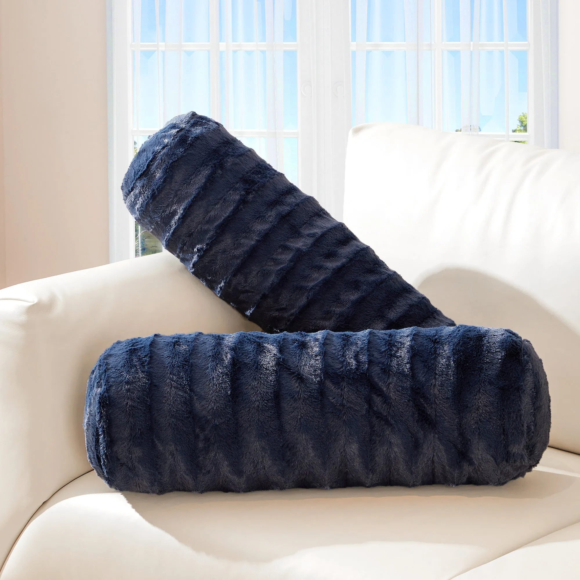 Cheer Collection Set of 2 Faux Fur Bolster Pillows. Decorative Roll Pillow