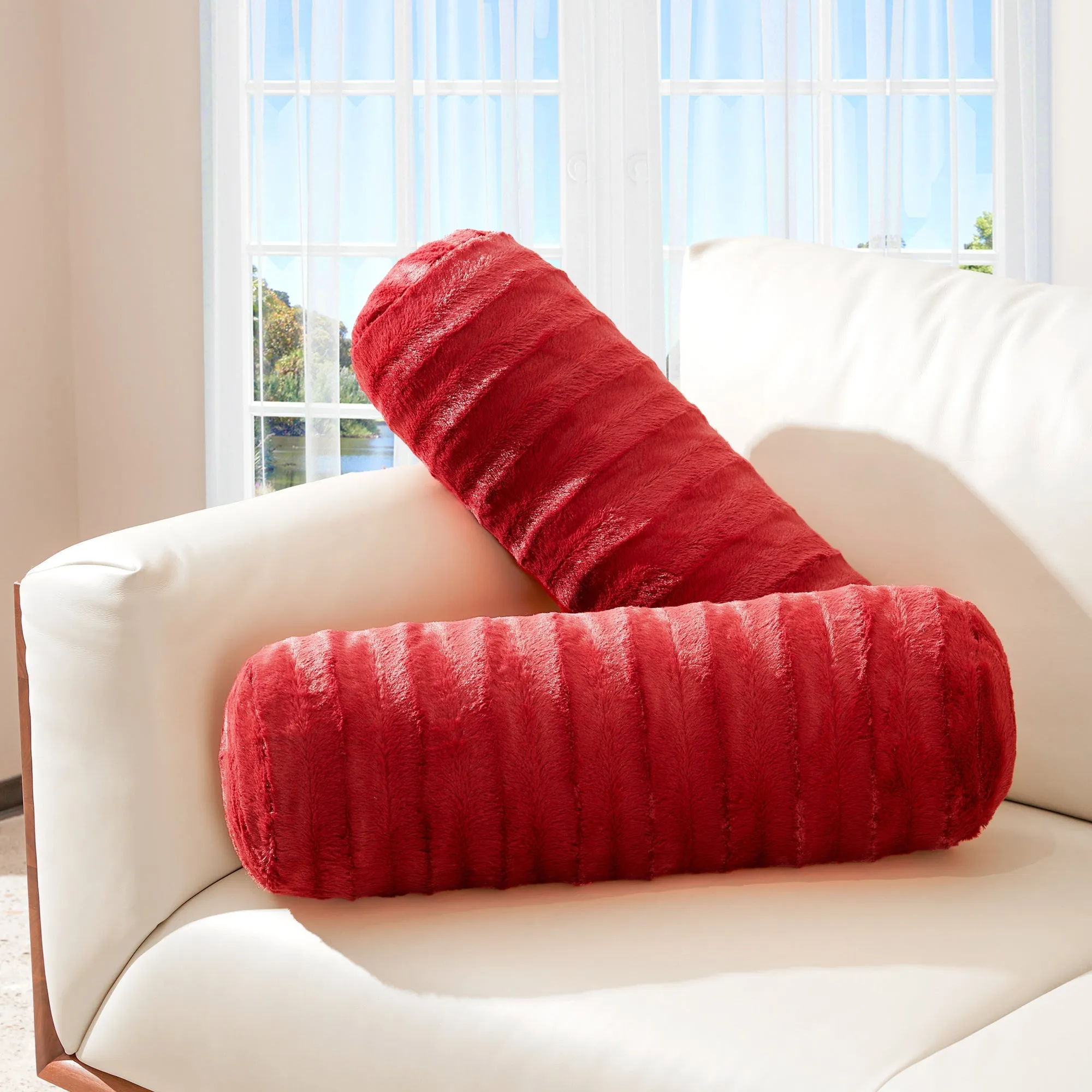Cheer Collection Set of 2 Faux Fur Bolster Pillows. Decorative Roll Pillow