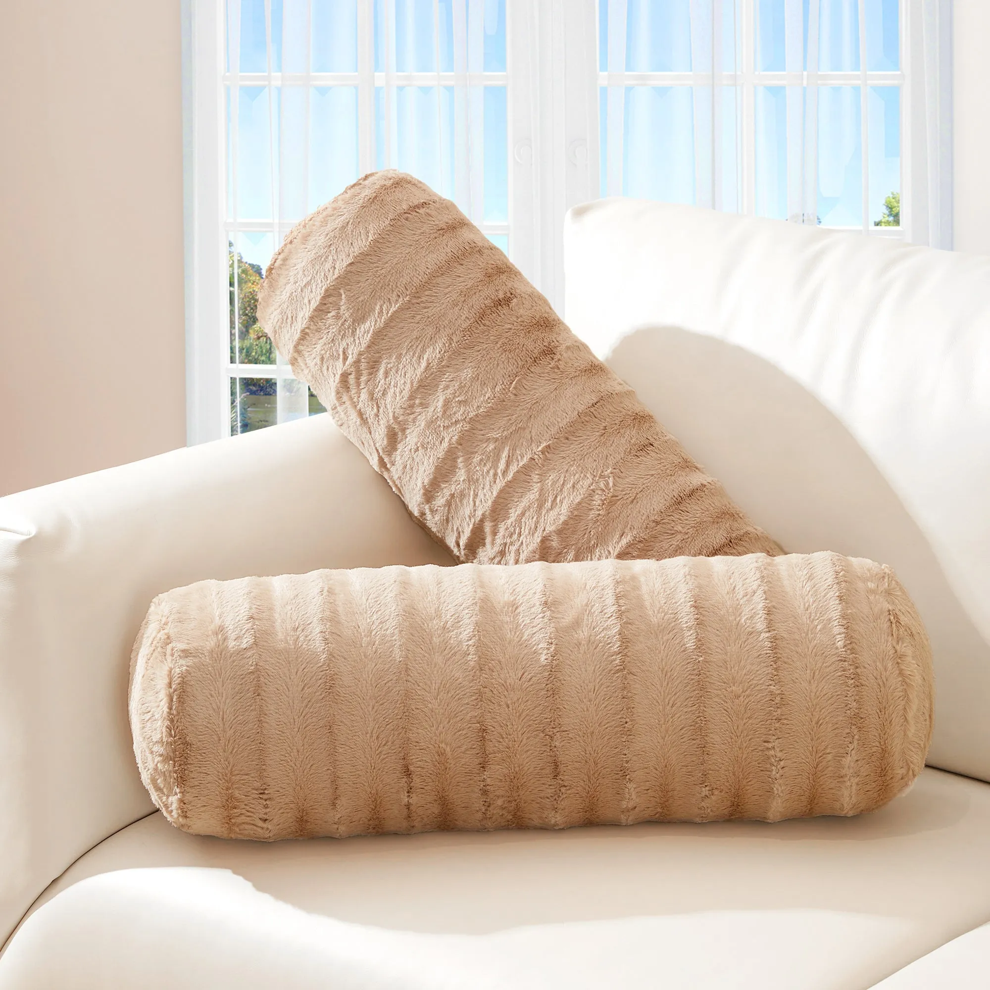 Cheer Collection Set of 2 Faux Fur Bolster Pillows. Decorative Roll Pillow