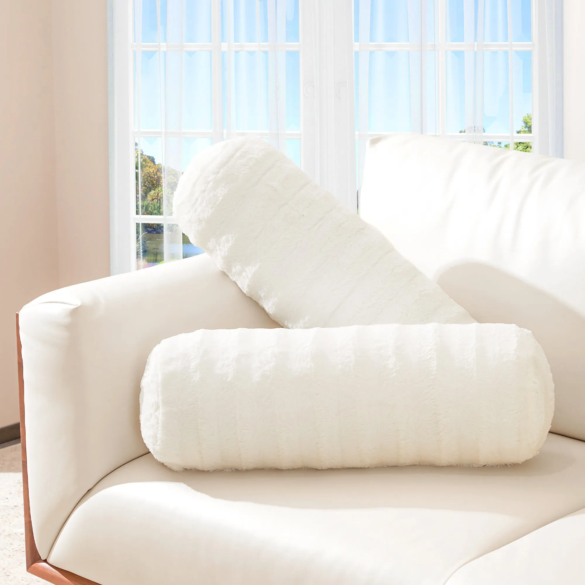 Cheer Collection Set of 2 Faux Fur Bolster Pillows. Decorative Roll Pillow
